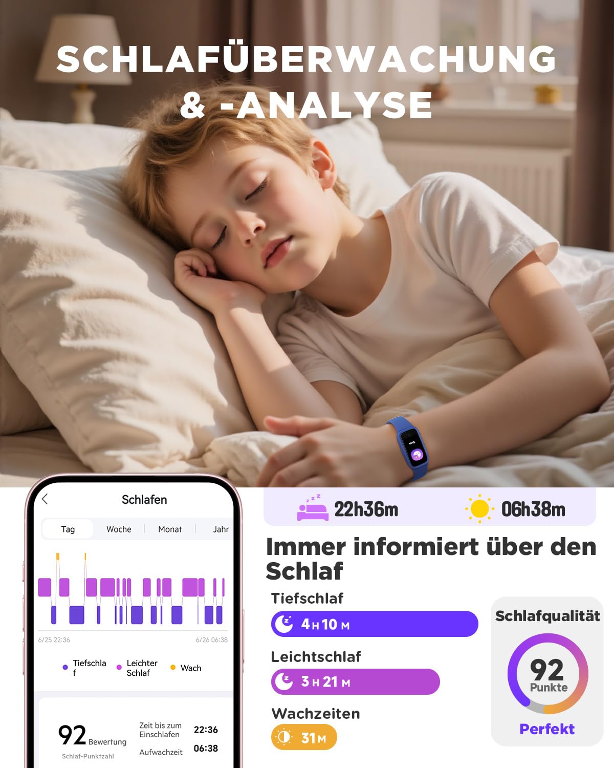 BIGGERFIVE Vigor 3 Kinder Fitness Armband Uhr mit AMOLED Display ohne App & ohne Smartphone, 3ATM wasserdicht, Pulsuhr, Schlaftracker Fitnessuhr, Sportuhr Schrittzähler für Kinder 5-12 Jahre, Blau