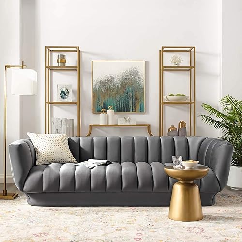 Modway Sofa Entertain Vertical Channel Tufted Performance Velvet Couch in Gray