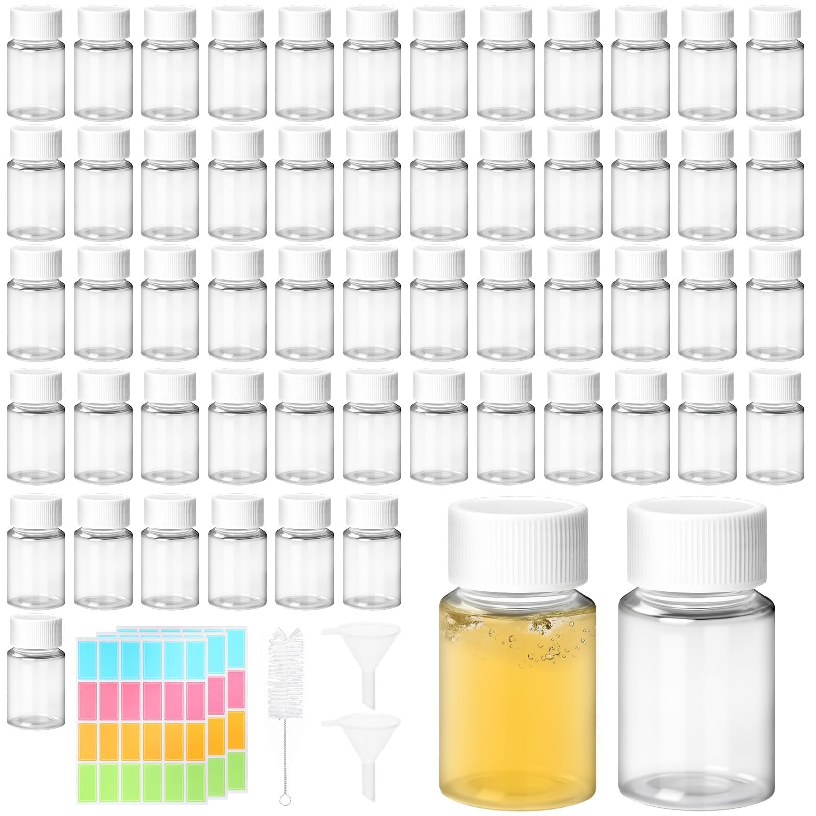 55 Pezzi Bottiglie Plastica 20 ml Bottigliette di Plastica Piccole Bottiglie Piccole Plastica con Tappo a Vite Bianco Bottigliette Trasparente con Adesivi per Viaggi Campeggio