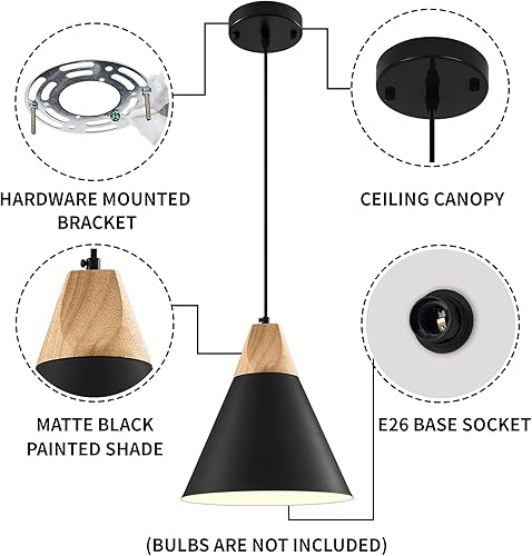 Miniatura 7 de Paquete de 2 lámparas colgantes negras, 9.4 pulgadas, lámpara colgante de granja, luces colgantes industriales, luces colgantes de cocina para