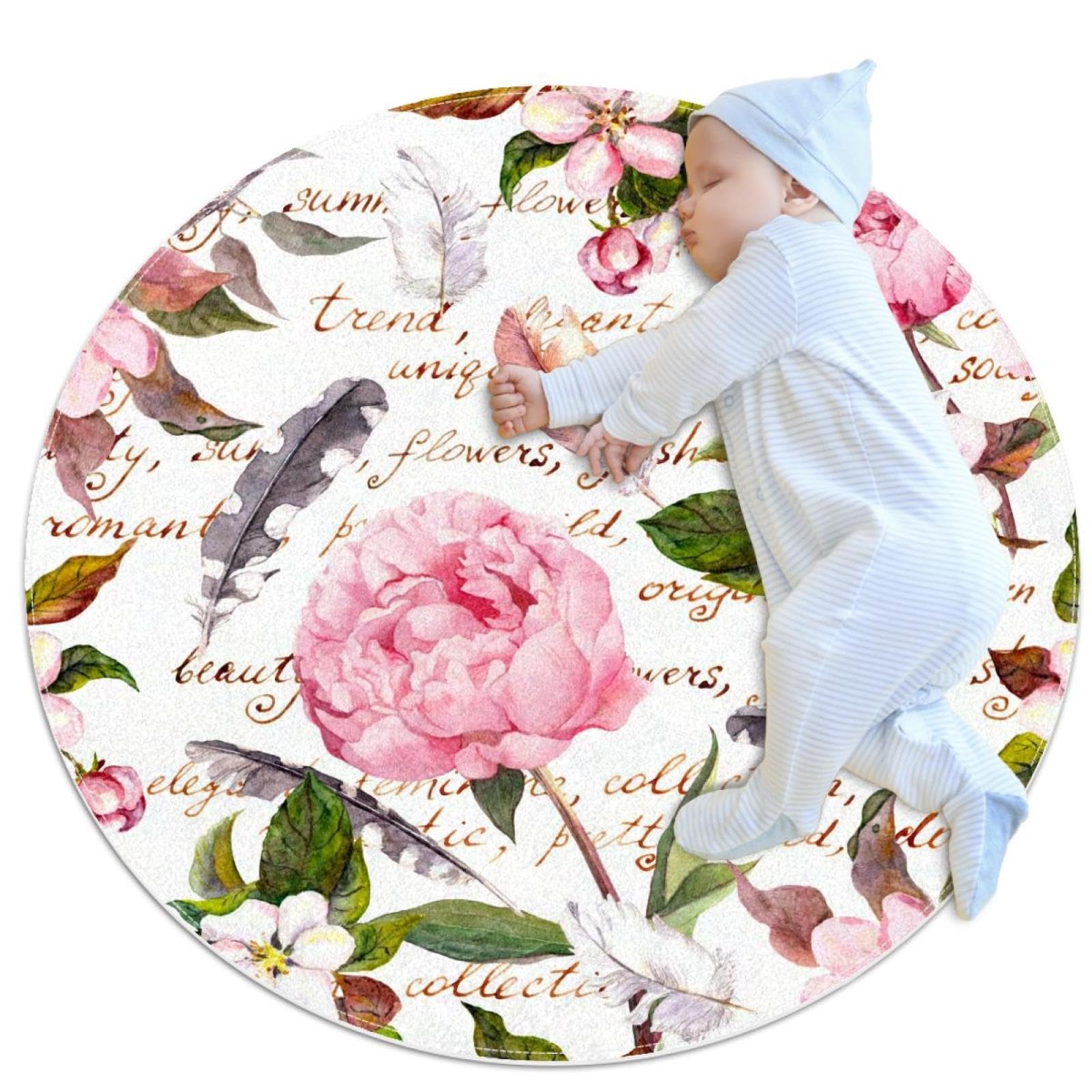 Tapis de salle de bain rond de 1m motif pivoine rose et plumes pour chambre enfant