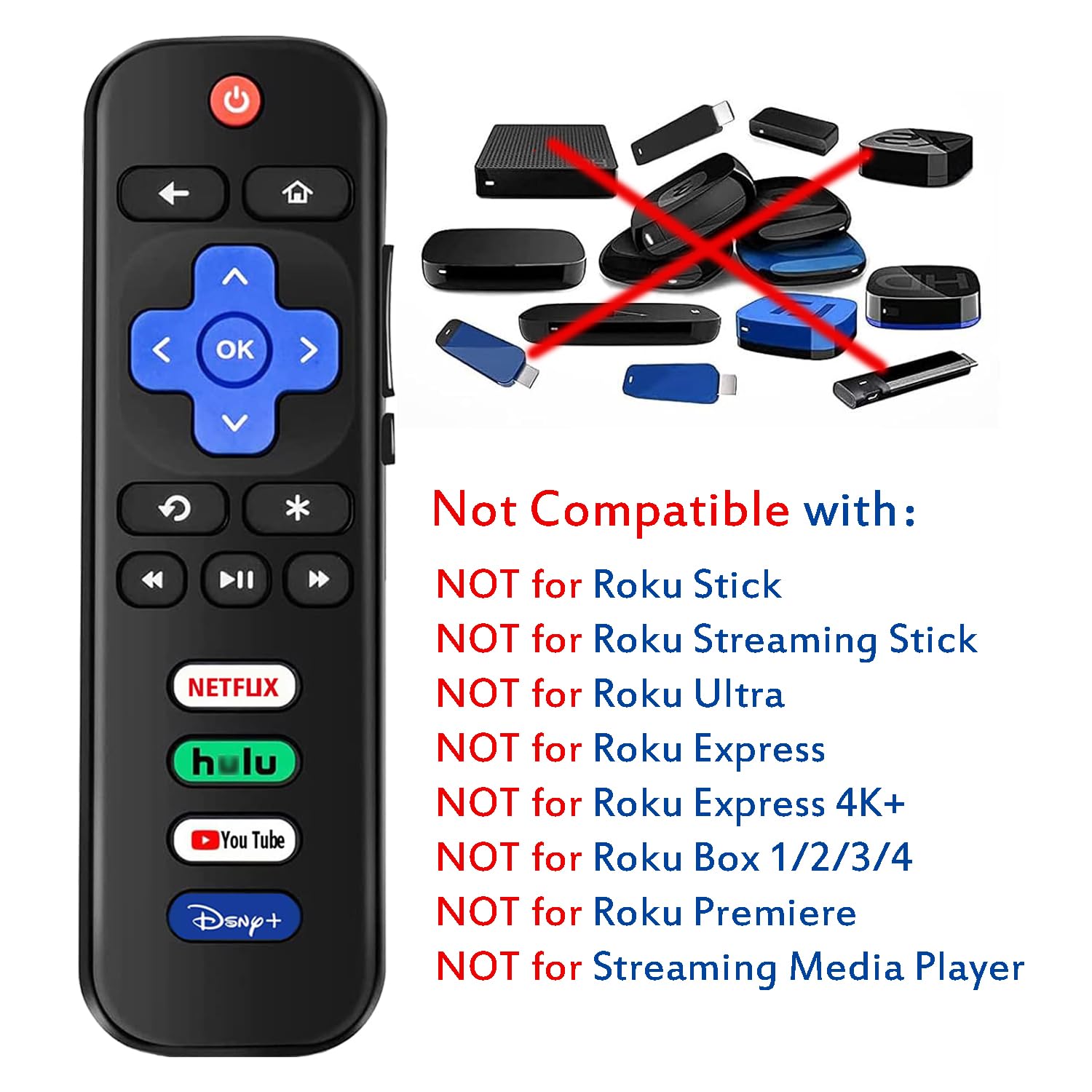 Uniwersalny pilot zastępczy do telewizora Roku, kompatybilny z telewizorami TCL/Onn/Hisense/Philips/Sharp/Westinghouse/Insignia itp. R0KU (nie do RokuStick i Box)