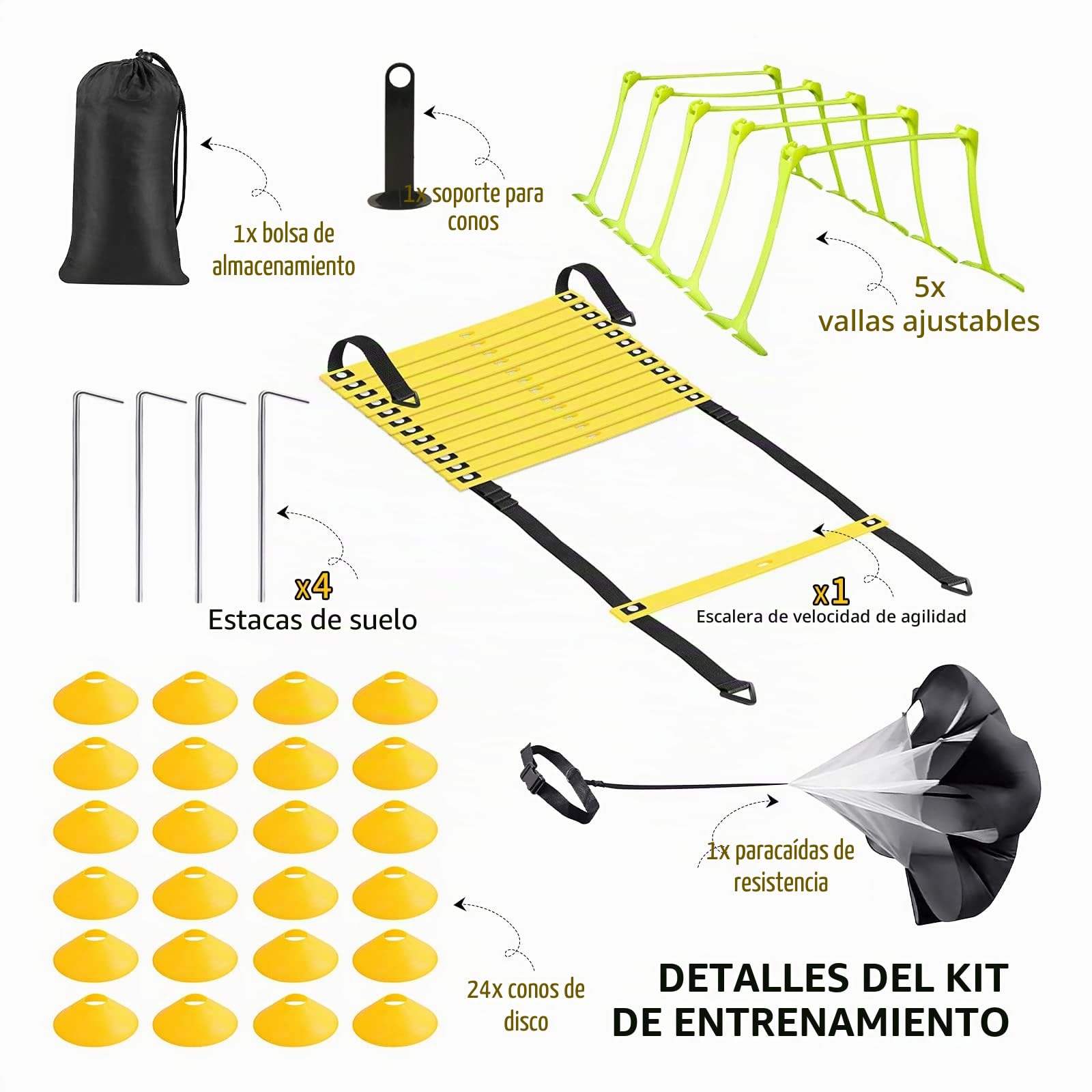 Escala de ritmo entrenamiento de fútbol,Escala de ritmo de entrenamiento,Juego de entrenamiento de velocidad 1 Paracaídas de resistencia 1escalera de coordinación 5 setos ajustables