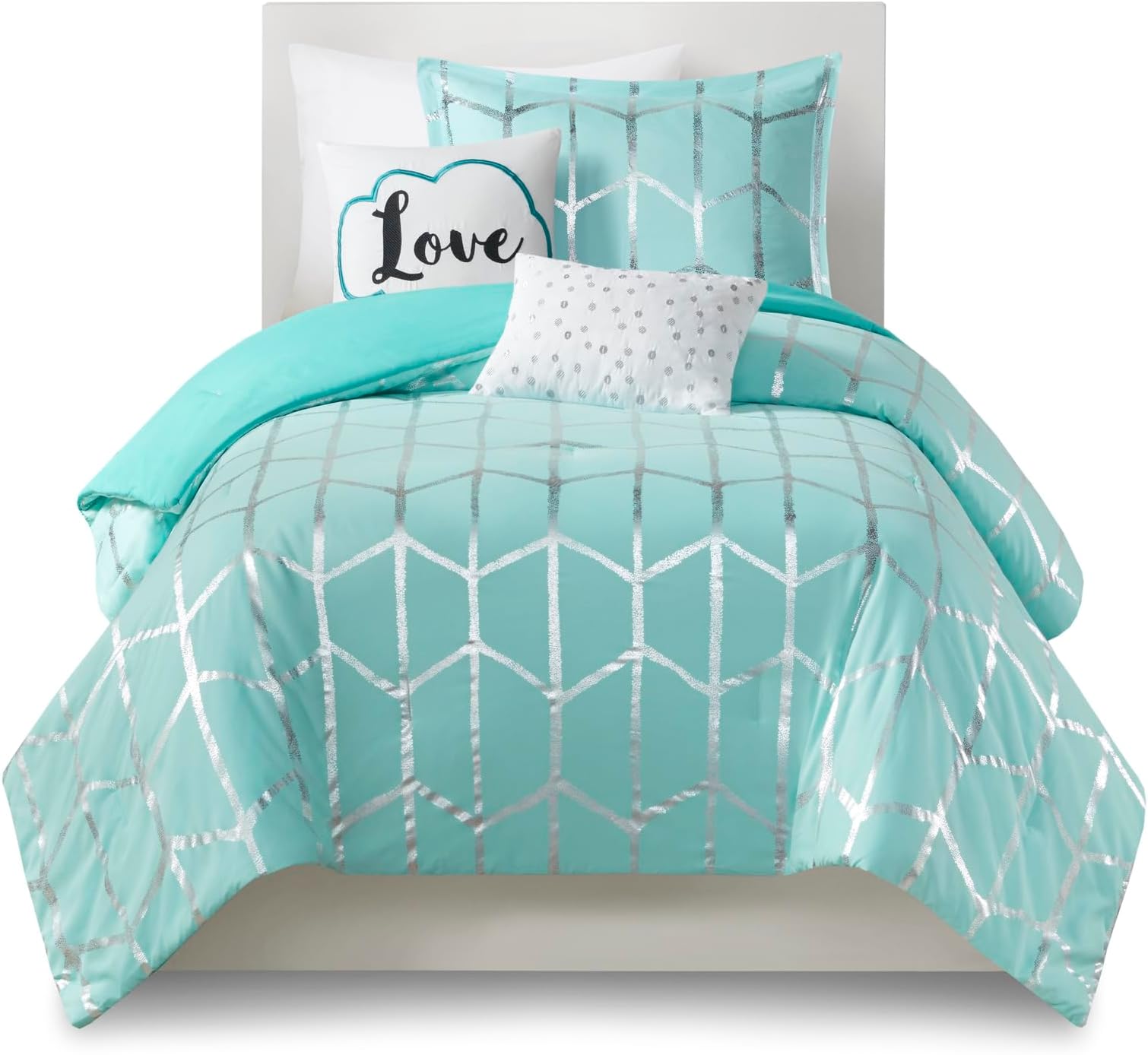 Intelligent Design Raina Twin / Twin XL Comforter Set, Soft Microfiber Comforter Set Twin, Modern Geometric Metallic Bed Set, 4 Pieces College Bedding Comforter Set with 1 Sham, 2 Toss Pillows Aqua