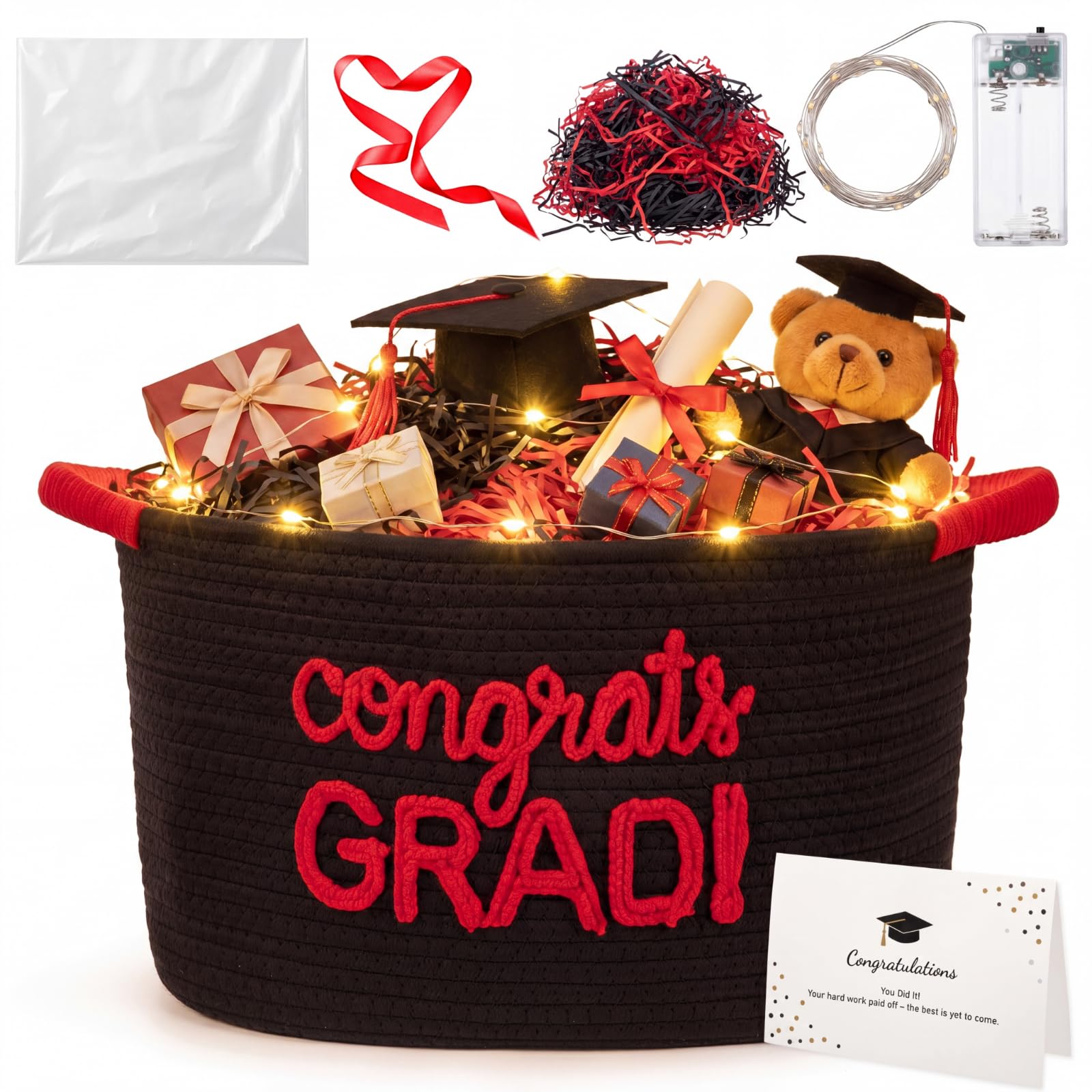 Colingmill 2026 Graduation Large Gift Basket Empty to Fill, 15"x10"x9" Congrats Grad Decorative Rope Storage Basket with Card, LED String Lights & Paper Filler, DIY Graduation Gift(Black Red)