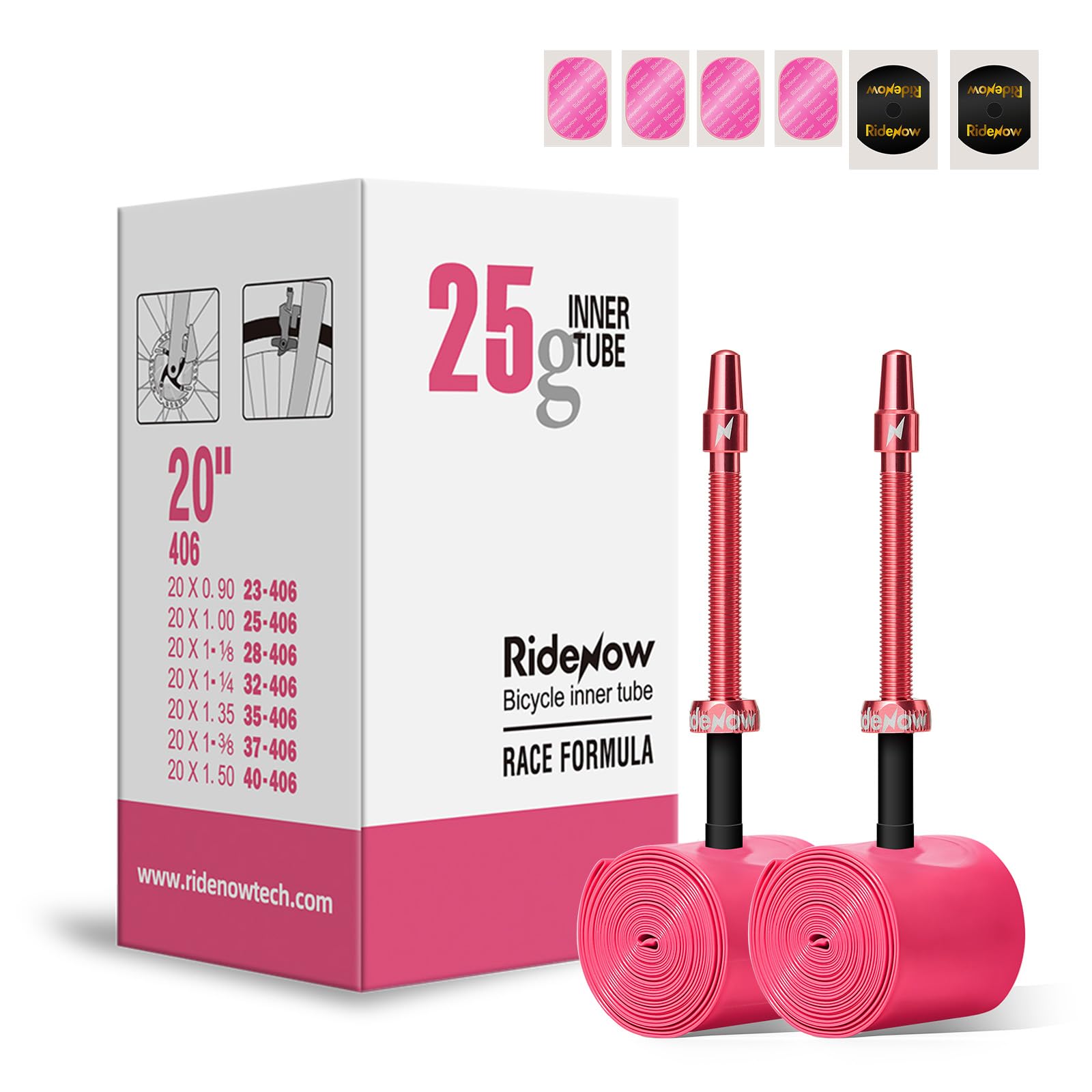 RideNow Folding Bike Inner Tube TPU Bicycle Inner Tube 2 Pack 25 g Ultralight 20 Inch (406 mm) Folding Bicycle Inner Tubes with 45/65 mm Presta Valve Made of Metal