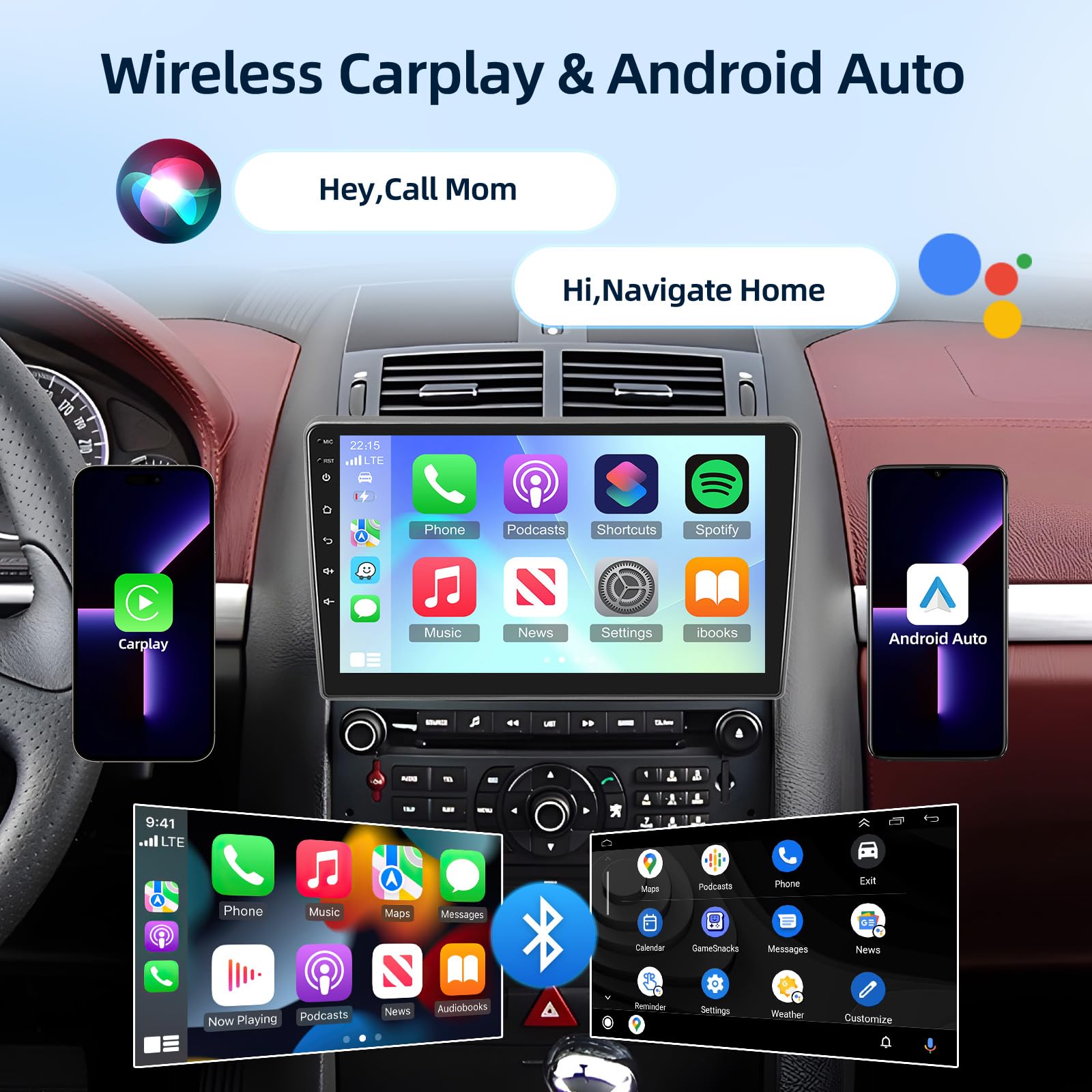 [4G+64G] Android Autoradio pour Peugeot 407 2004-2011 avec Carplay & Android Auto sans Fil, Écran Tactile IPS 9 Pouces avec GPS, WiFi, 32EQ, Bluetooth 5.0, Radio FM/RDS