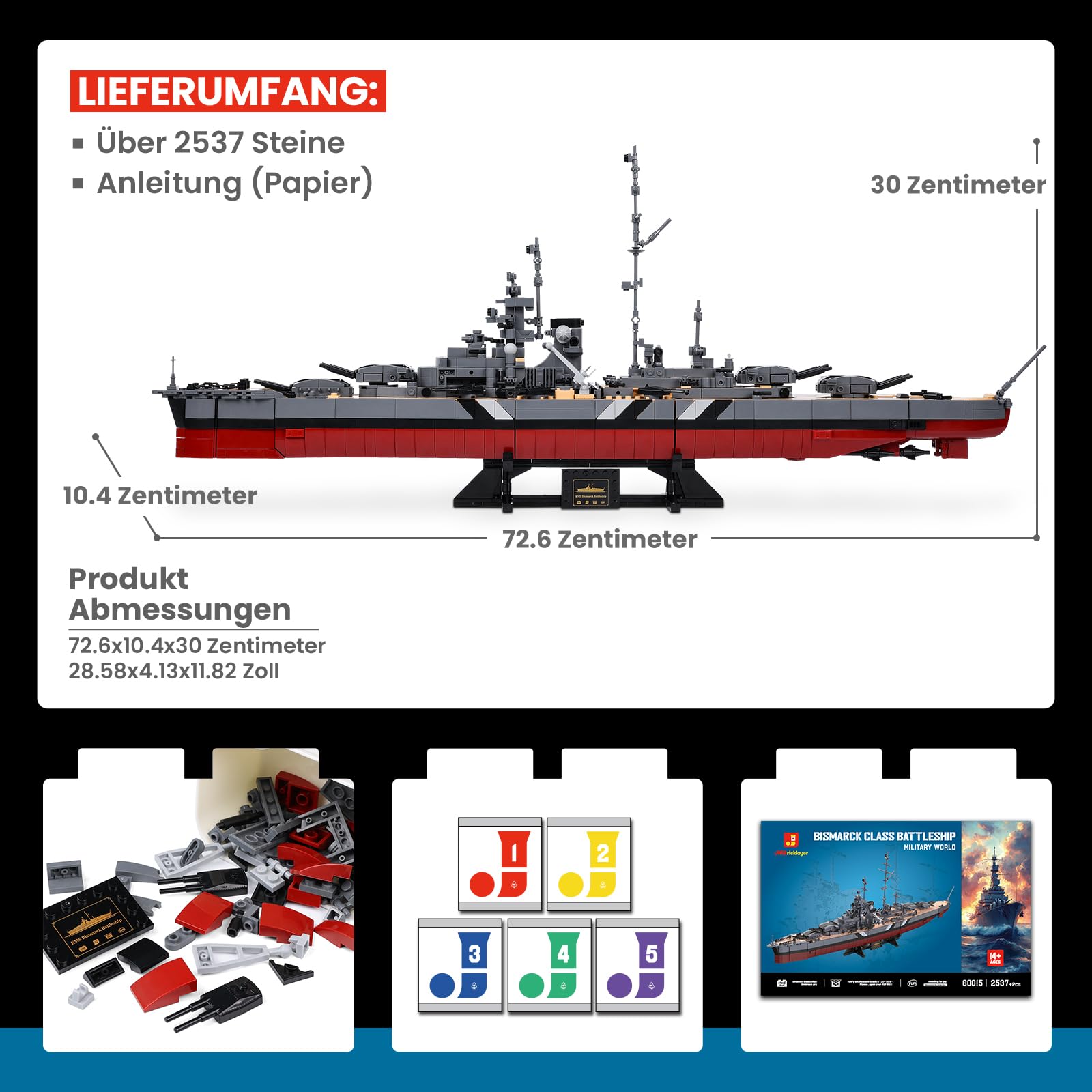 JMBricklayer Technik Bismarck Schlachtschiff Klemmbausteine Bausatz für Erwachsene, 2537 PCS WWII Militär MOC Kriegsschiff Modell 60015, Deko für Zuhause & Büro, Geschenk für Jungen & Männer 14+
