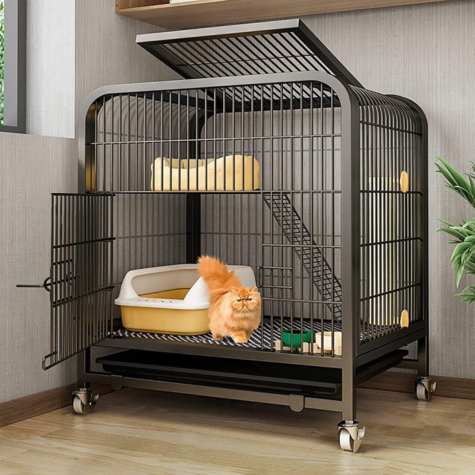 Grande gabbia per gatti a 2 livelli con ruote, rampa e amaca, per interni ed esterni, cuccia e box per cincillà e furetti, nero (60 x 45 x 66 cm)