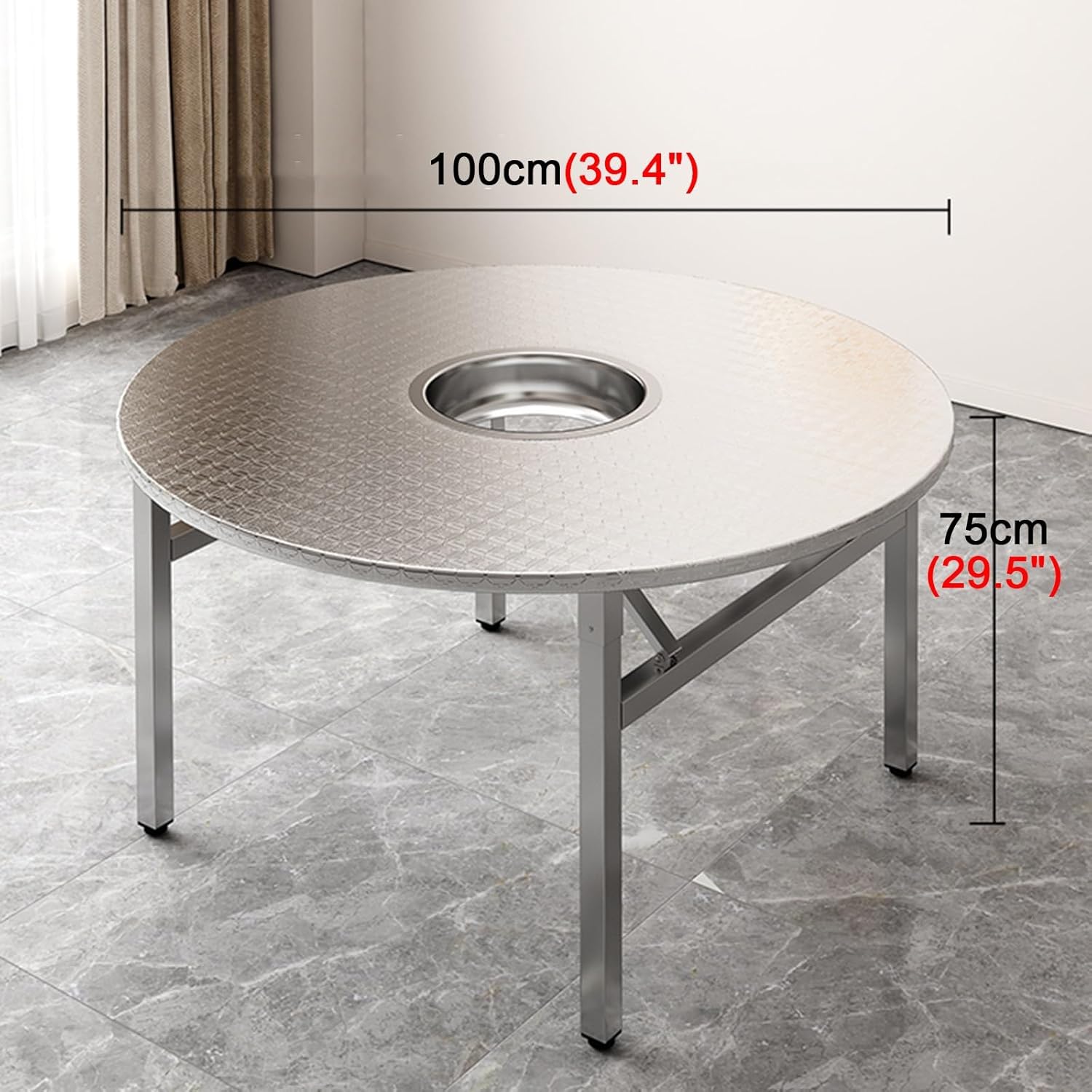 Workbench Round Folding BBQ Work Table Kitchen Stainless Steel Non-Slip Feet Pads Slotted Countertop Design Reinforced Legs Crossbeam Reinforced Structure Sturdy Wobble