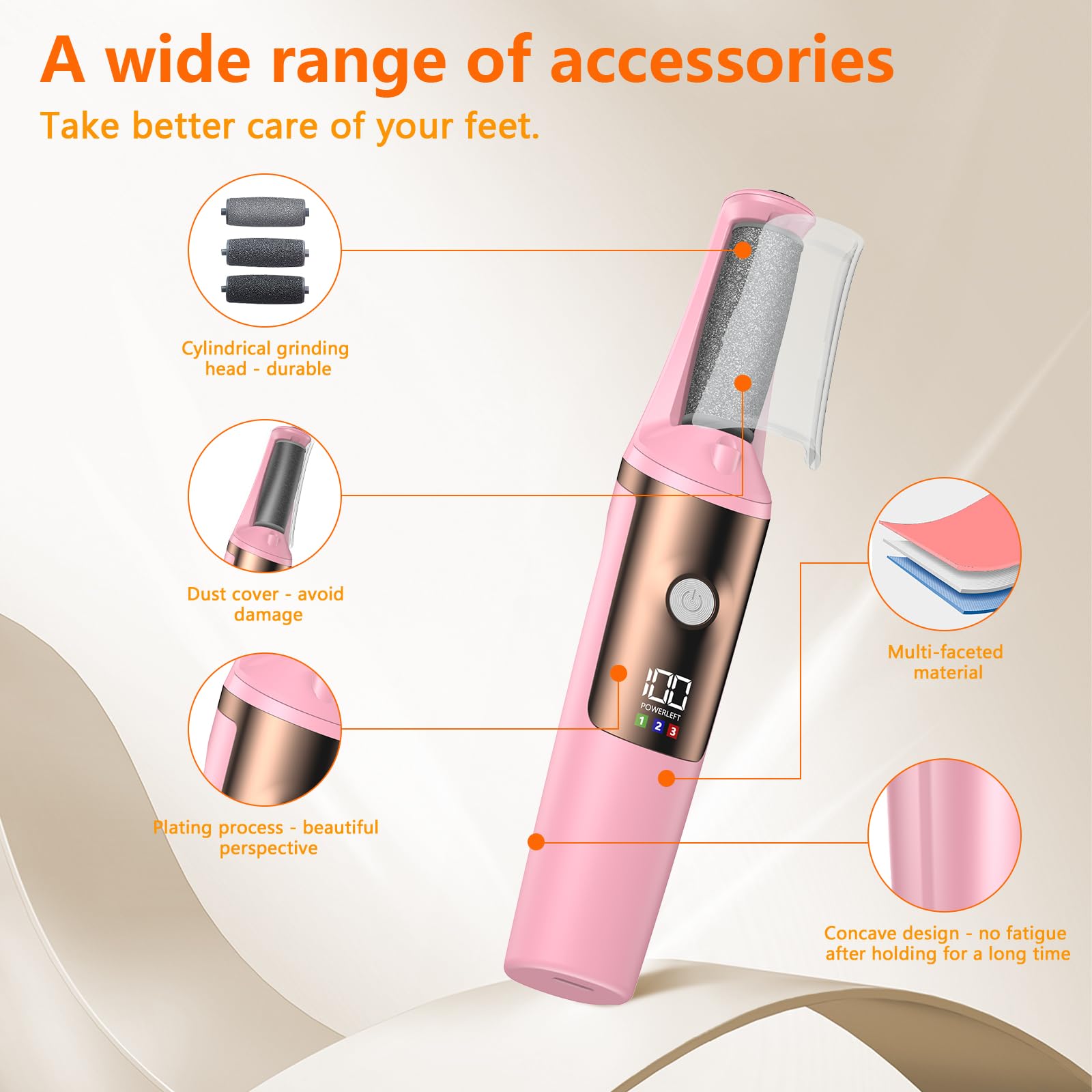 PKBD Lima Eléctrica Pies Pedicura Eléctrica Profesional, Herramientas de Cuidado de Pies y Kits de Accesorios, 3 Velocidades, Impermeable, Larga Vida de la Batería, Lijado Profesional Foot File,Rosa