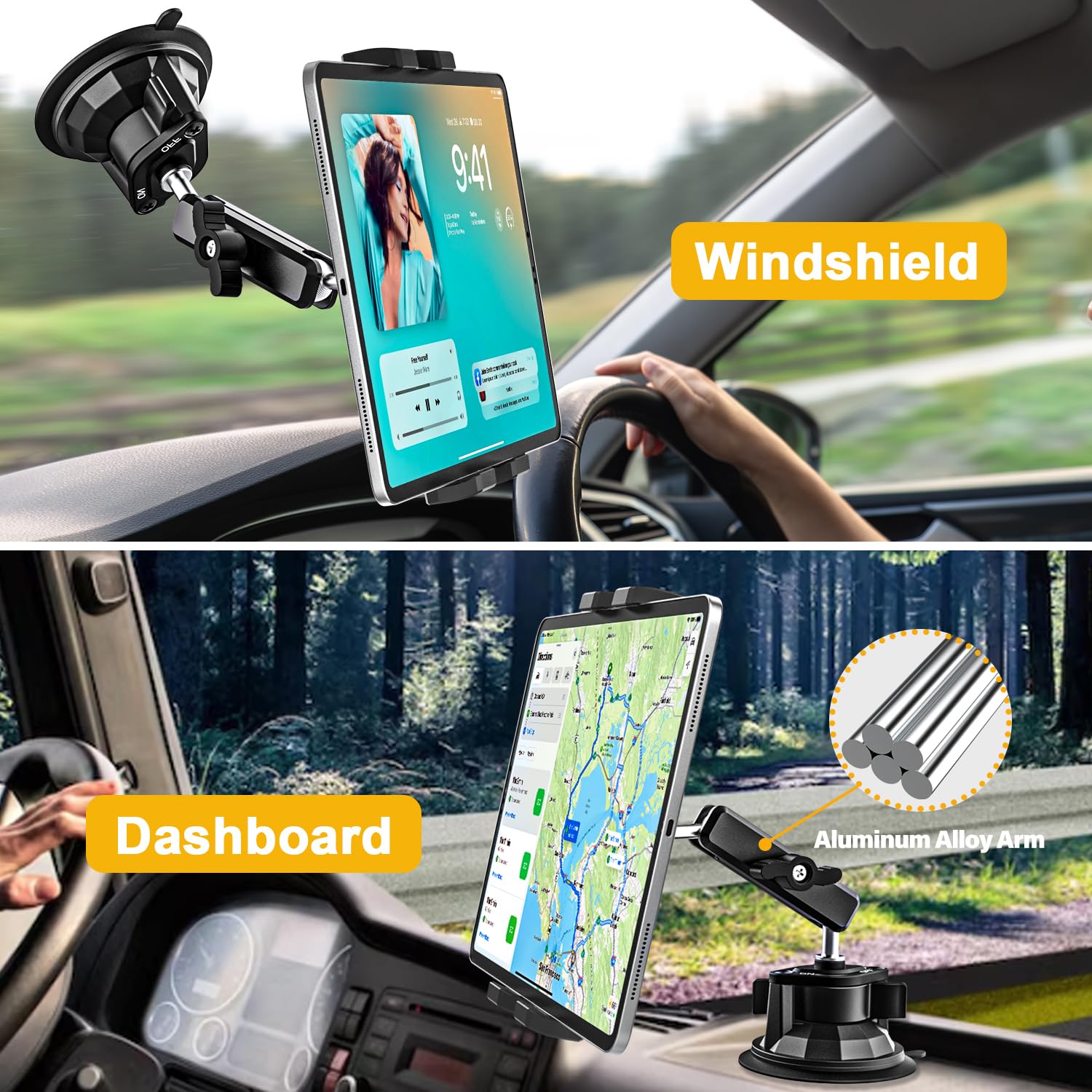 Soporte Tablet Coche con Ventosa Ultra Fuerte - Montaje en Salpicadero y Parabrisas, Metálico Soporte Camión Vehículo Compatible con iPad Pro/Air/Mini, Galaxy Tab/Z Fold, Kindle Fire, Móvils, 4-13"