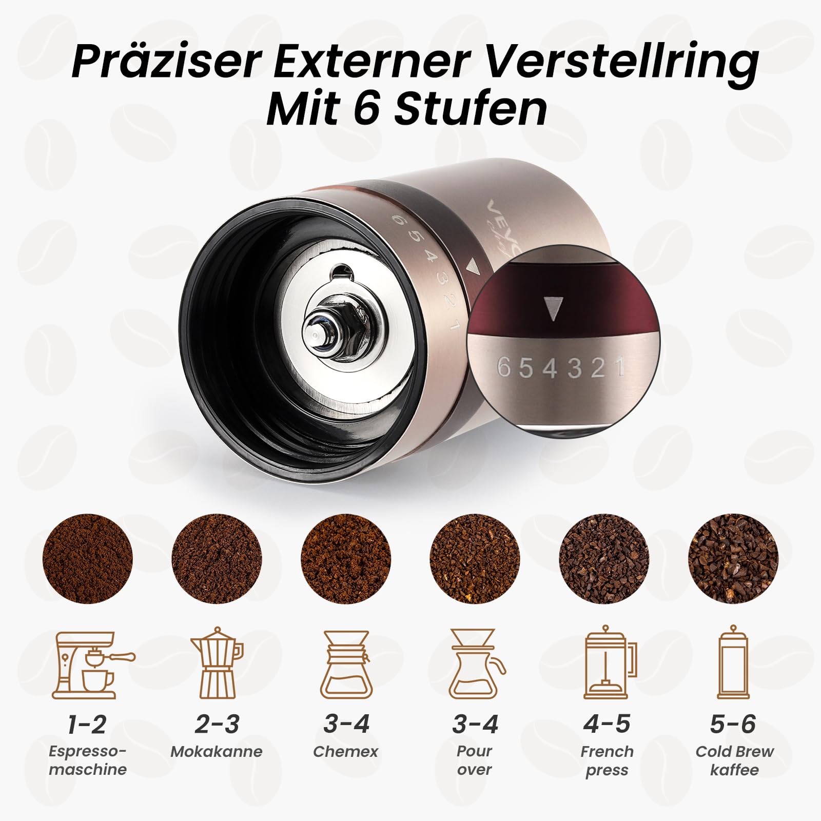 Vevok Chef Manuelle Kaffeemühle mit 6 Externen Einstellbaren Grobheit für Espresso bis French Press, Edelstahl Konisches Mahlwerk, Ideal für Zuhause, Büro oder Reisen, Roségold