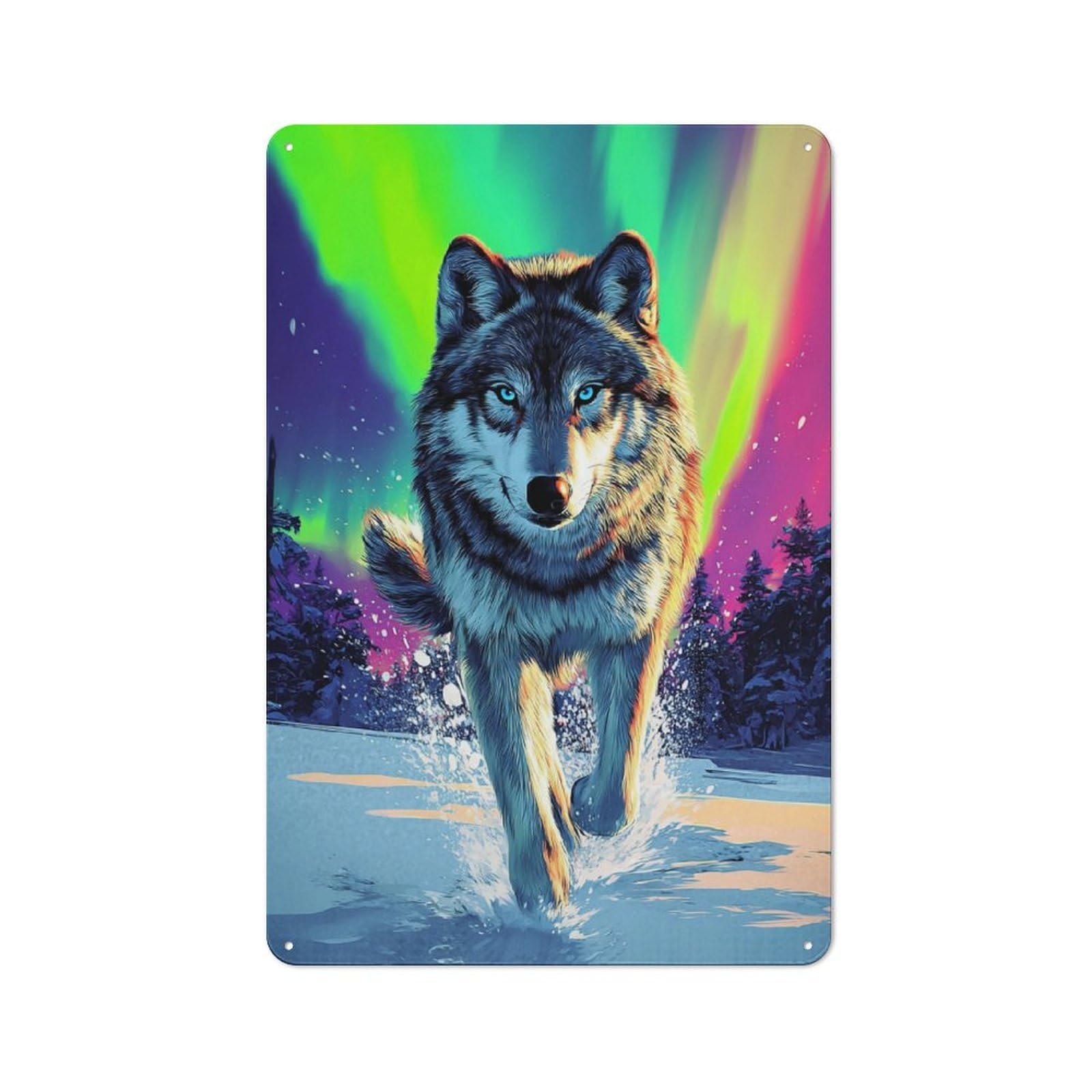 Junmoney Wolf In Aurora Retro Tin Sign 30X20cm For Pub Or Café, For Collectors Building A Themed Wall Display