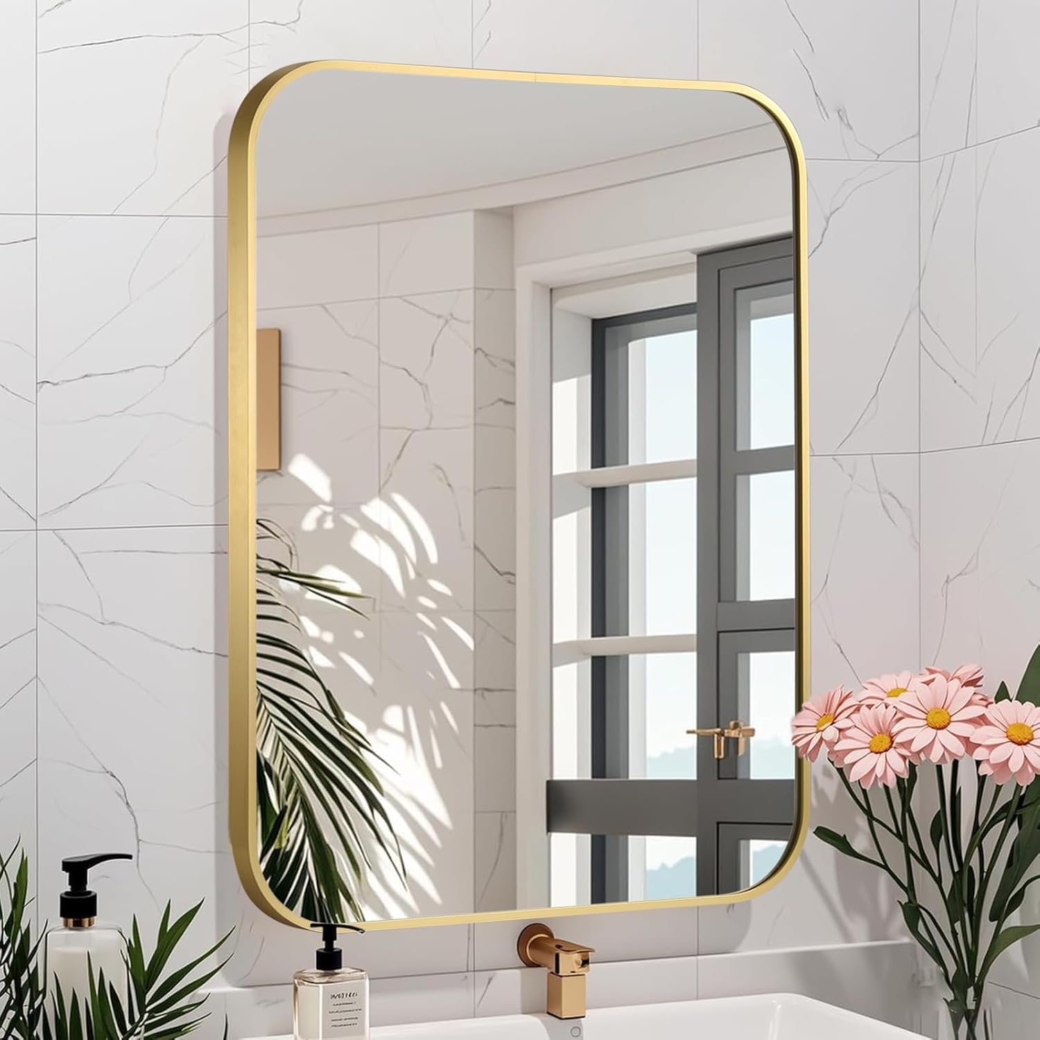 JENBELY Brushed Gold Mirror, 22"x30" Rectangle Bathroom Mirror, Metal Frame Rectangle Corner Vanity Mirror, Wall Mounted Mirror for Modern, Living