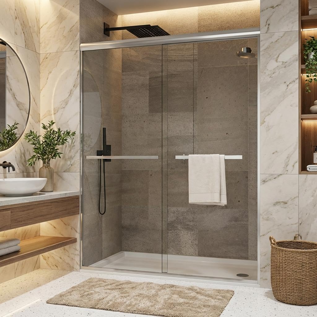 56-60" W x 72" H Double Sliding Shower Door, Frameless 6mm Tempered Glass with Easy-Clean Coating, Brushed Aluminum Frame &amp; Smooth Rollers, for Walk-in Shower/Bathtub Remodel