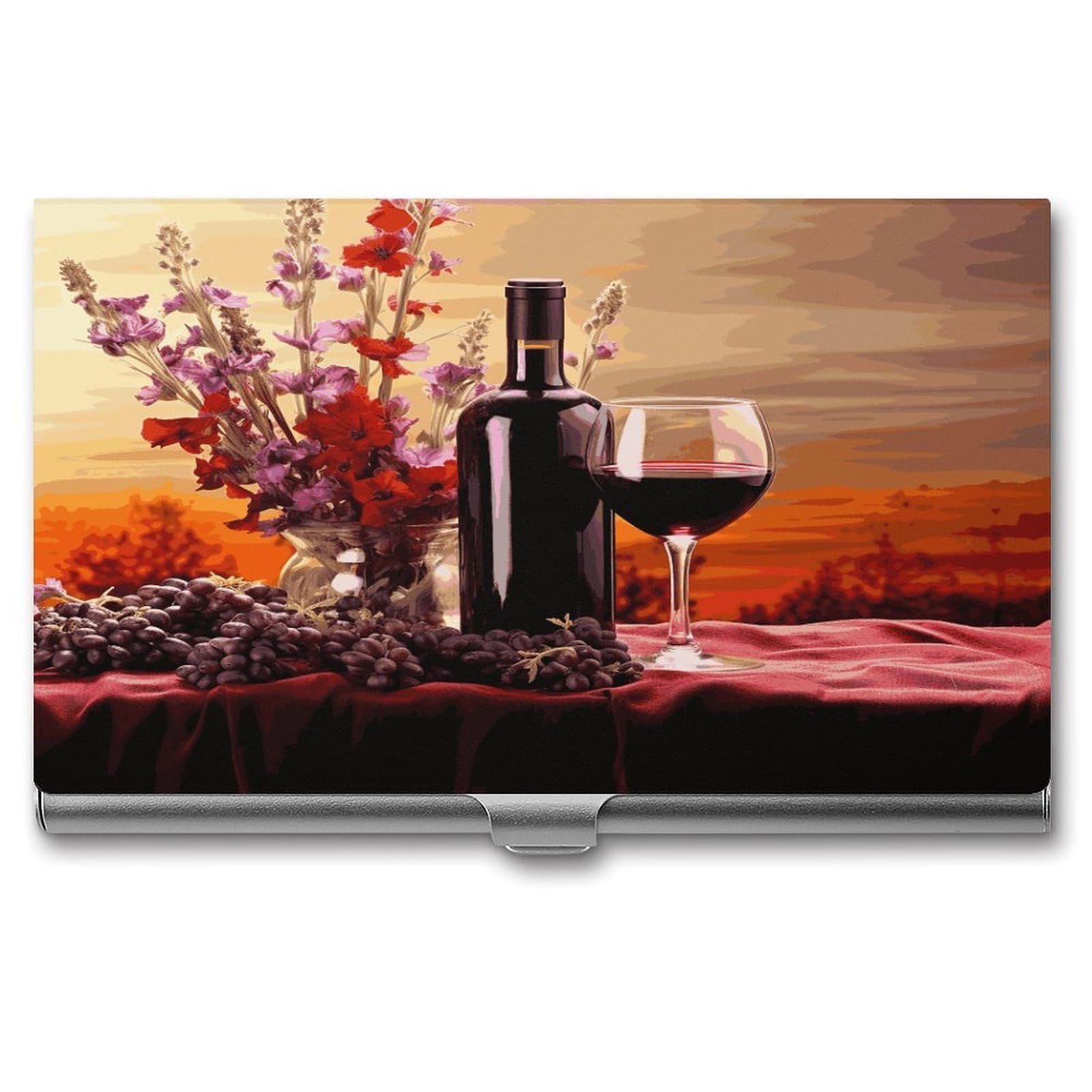 JTREHY Red Wine Flower Business Card Holder Slim Purse Name Card Holder Portable Metal Business Card Case Wallet Large Capacity Lightweight Business Card Case for Men Women