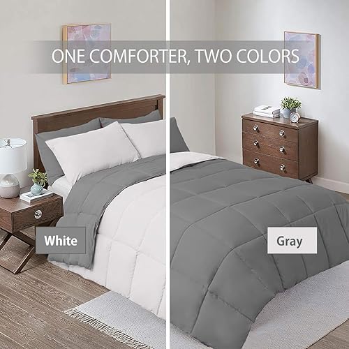 Miniatura 7 de Wholesale Beddings Edredón reversible de plumón alternativo, calidez media (41 onzas de relleno), manta Queen extragrande, color gris y blanco