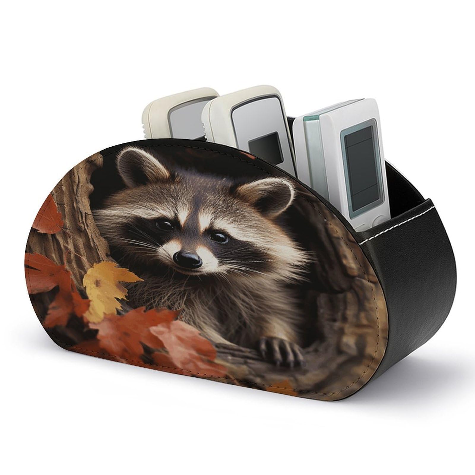 VstaDank Raccoon in The Fall Tree Hole Remote Control Holder Farmhouse TV Media Remote Storage Box with 5 Compartments PU Leather Remote Caddy Desktop Organizer for Home Bedside Table Organizer
