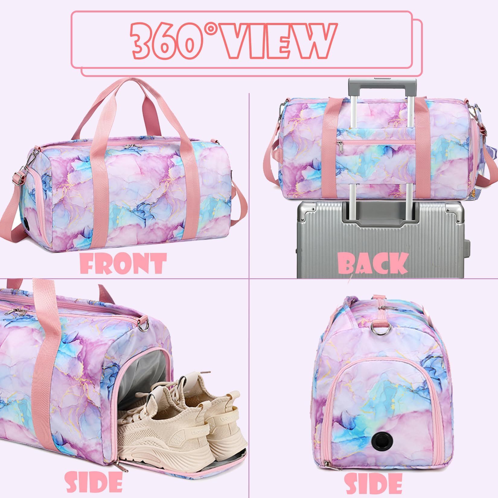 Turnbeutel für Mädchen, Turnbeutel für Teenager, Sporttasche, Balletttasche für Mädchen, Canvas Tasche mit Schuhfächern und Nassfach (Knotenfarbe, Marmor violett, 18 x 8 x 9.75 pulgadas
