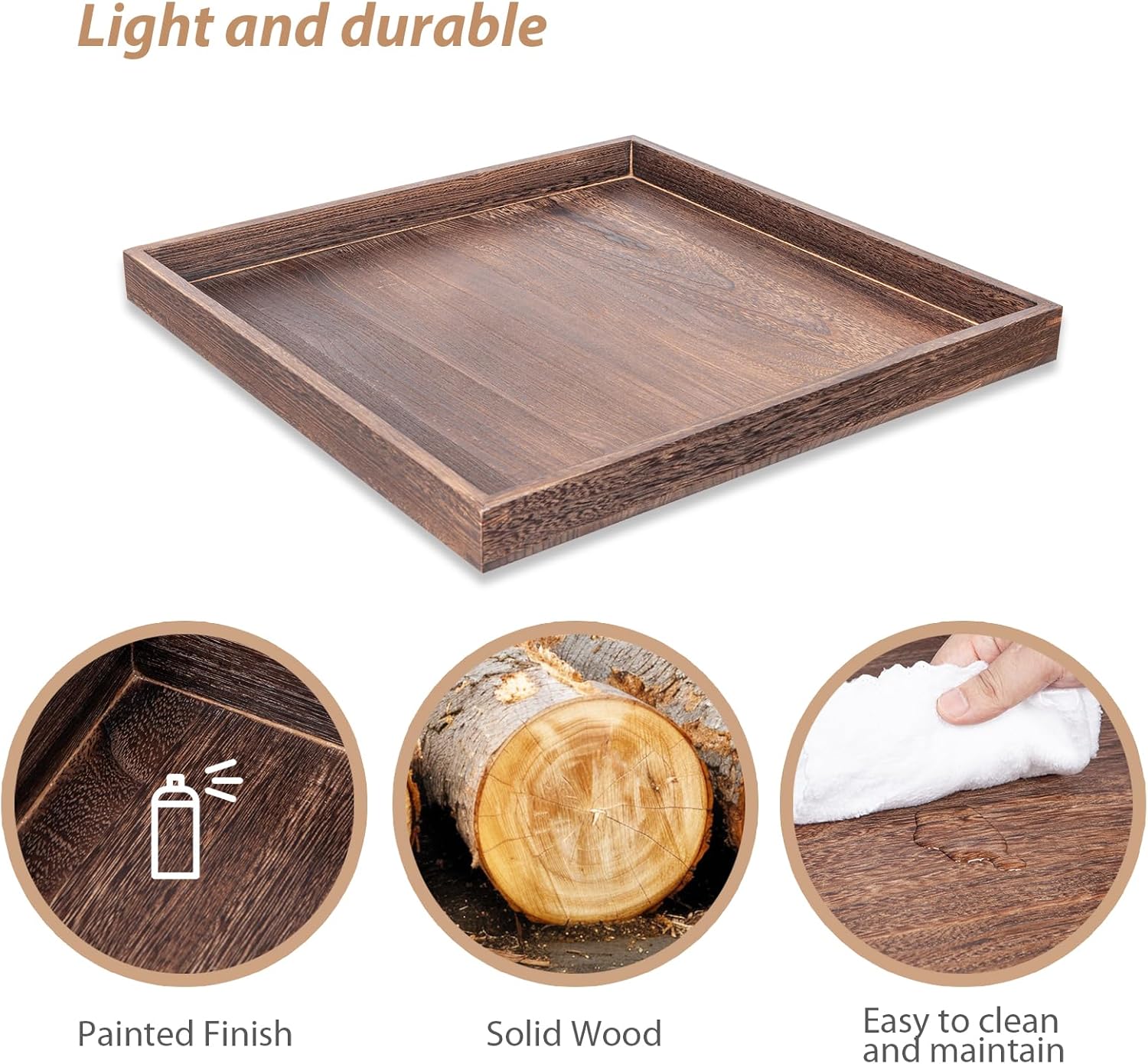 Ottoman Tray for Coffee Table Living Room Wood Serving Tray Large Wooden Square 24 Inches Rustic Brown - Image 4