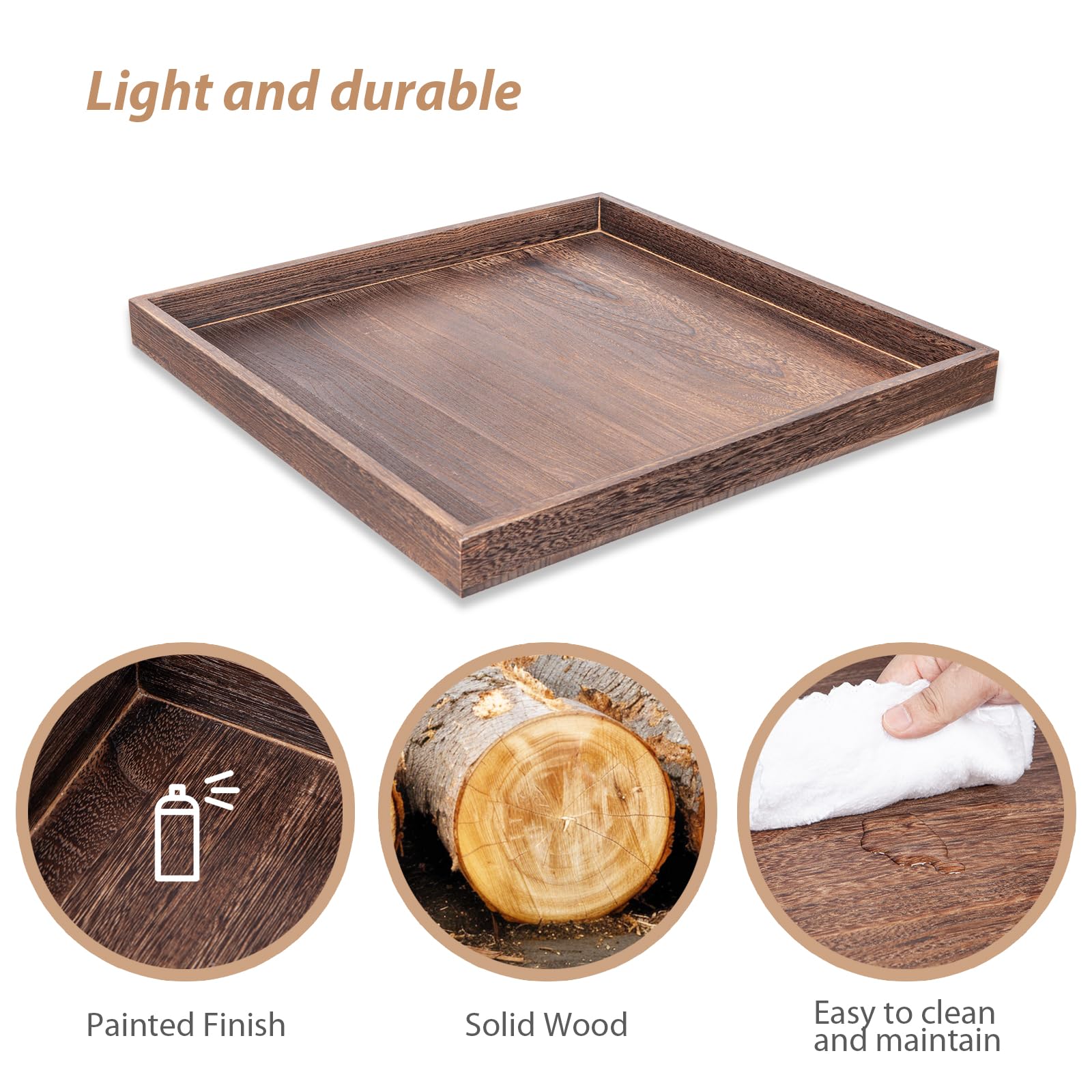 Bandeja de madera otomana para mesa de café para sala de estar, bandeja grande cuadrada de 24 x 24 pulgadas, color marrón rústico