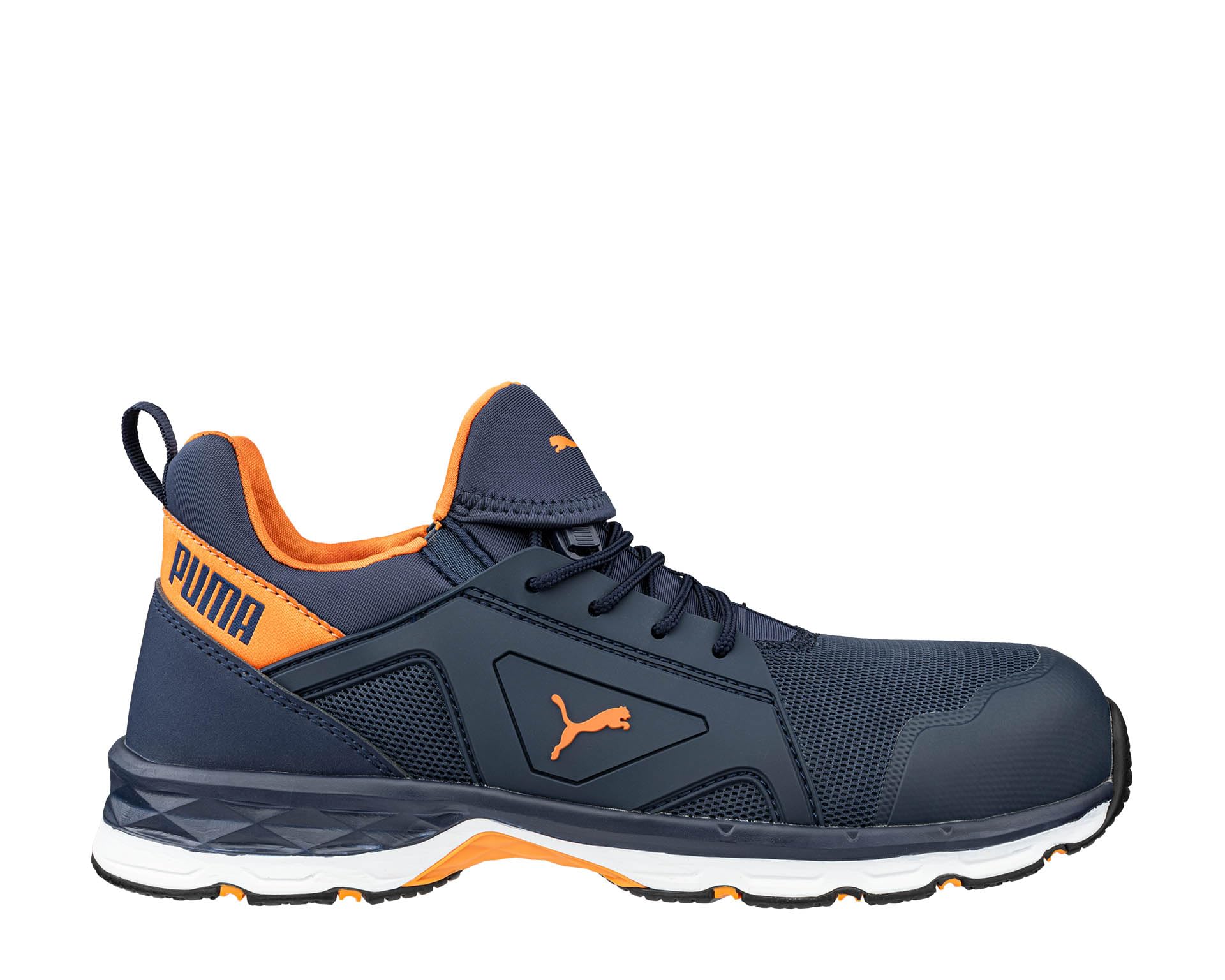 PUMA Safety Chase Blue Orange Low S1PS ESD FO HRO SR - Zapatos de seguridad para hombre, transpirables, antideslizantes, sin metal, tapa de fibra de vidrio, zapatos de trabajo