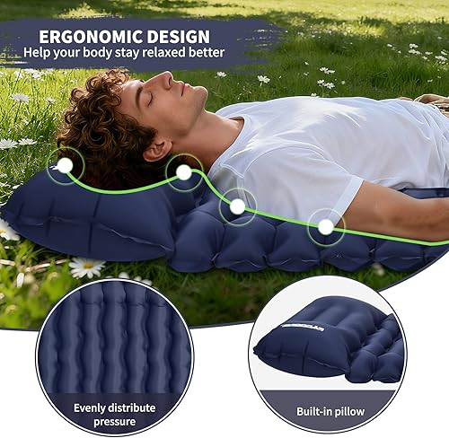 Miniatura 2 de Colchoneta de dormir para campamento, diseño conectable para colchoneta doble, colchoneta inflable ultraligera con almohada, bomba de pie