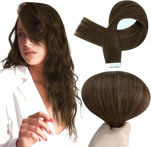 Full Shine Tape in Hair Extensions Real Human Hair 24Inch Color 4 Medium Brown Tape in Extensions Human Hair 50 G 20Pcs Seamless Skin Weft Hair Extensions Glue in Invisible Remy Human Hair Add Length