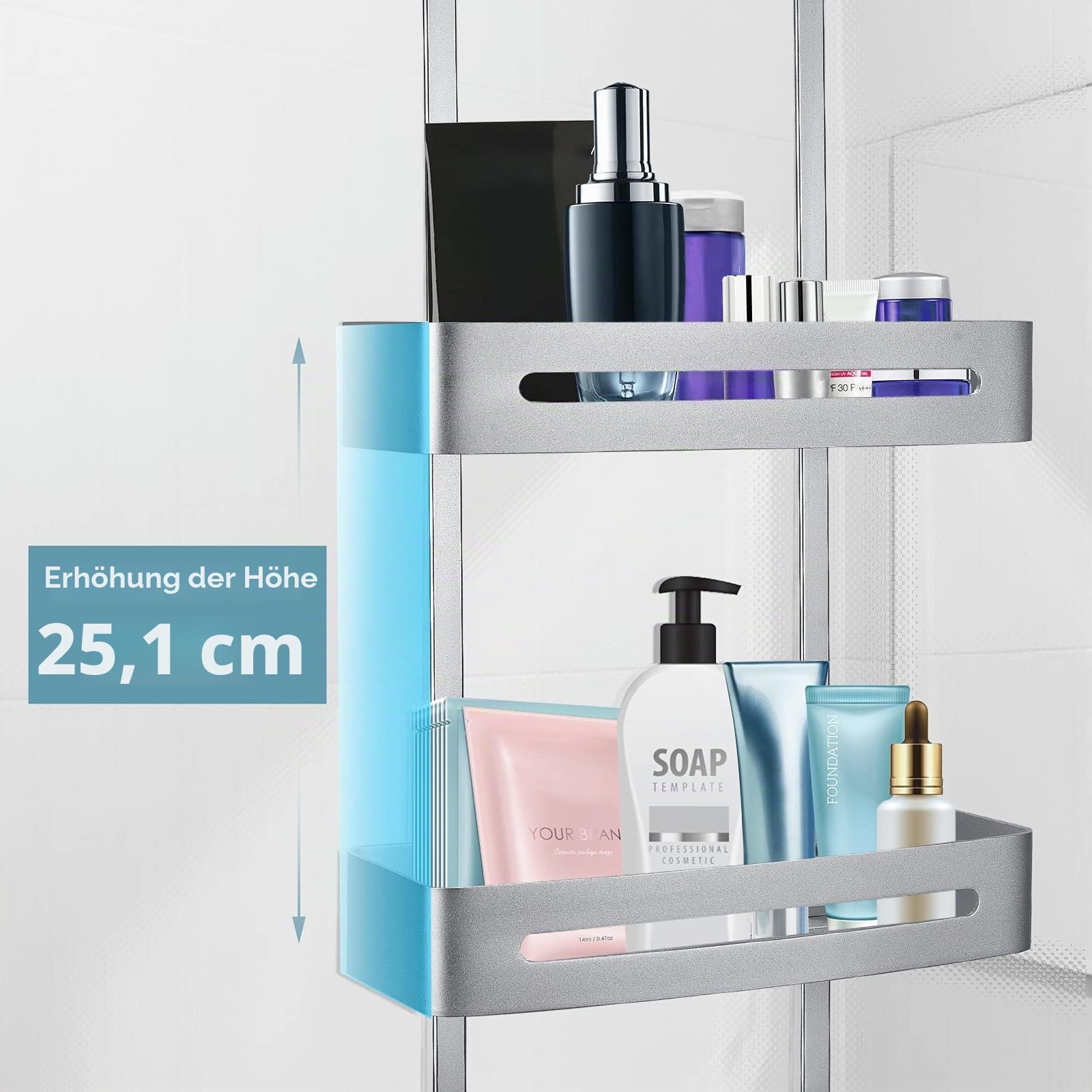 Duschkorb zum Aufhängen, Türregal mit 2 Ablageflächen zum Aufhängen, Duschregal ohne Bohren, Badezimmer-Organizer mit 5 Haken, Ablage für Shampoo und Duschgel