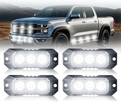 4PCS White Strobe Lights for Trucks 3-LED Strobe Grill Lights | Sync Feature 12-24V Surface Mount Flashing Lights, Ultra Slim Emergency Warning Lights for Vehicles Car ATV, 17 Flash Modes