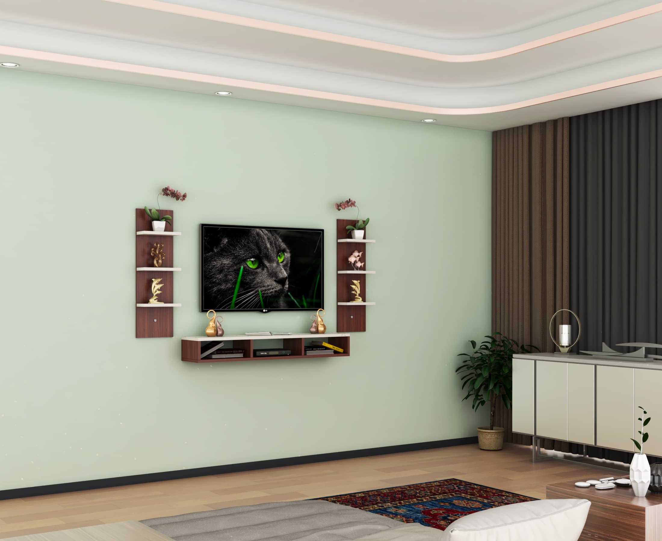 DAS Bolivar Wall Mount TV Entertainment Unit/with Set Top Box Stand and 6 Wall Shelf Display Rack for Living Room Classic Walnut & White Small (Ideal for up to 43") Screen