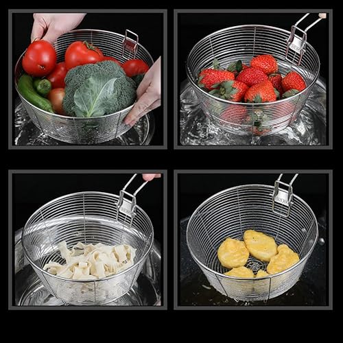 Miniatura 6 de Cesta de acero inoxidable para freír servir alimentos, cesta multifuncional con mango desmontable, malla de alambre redondo, frituras francesas,