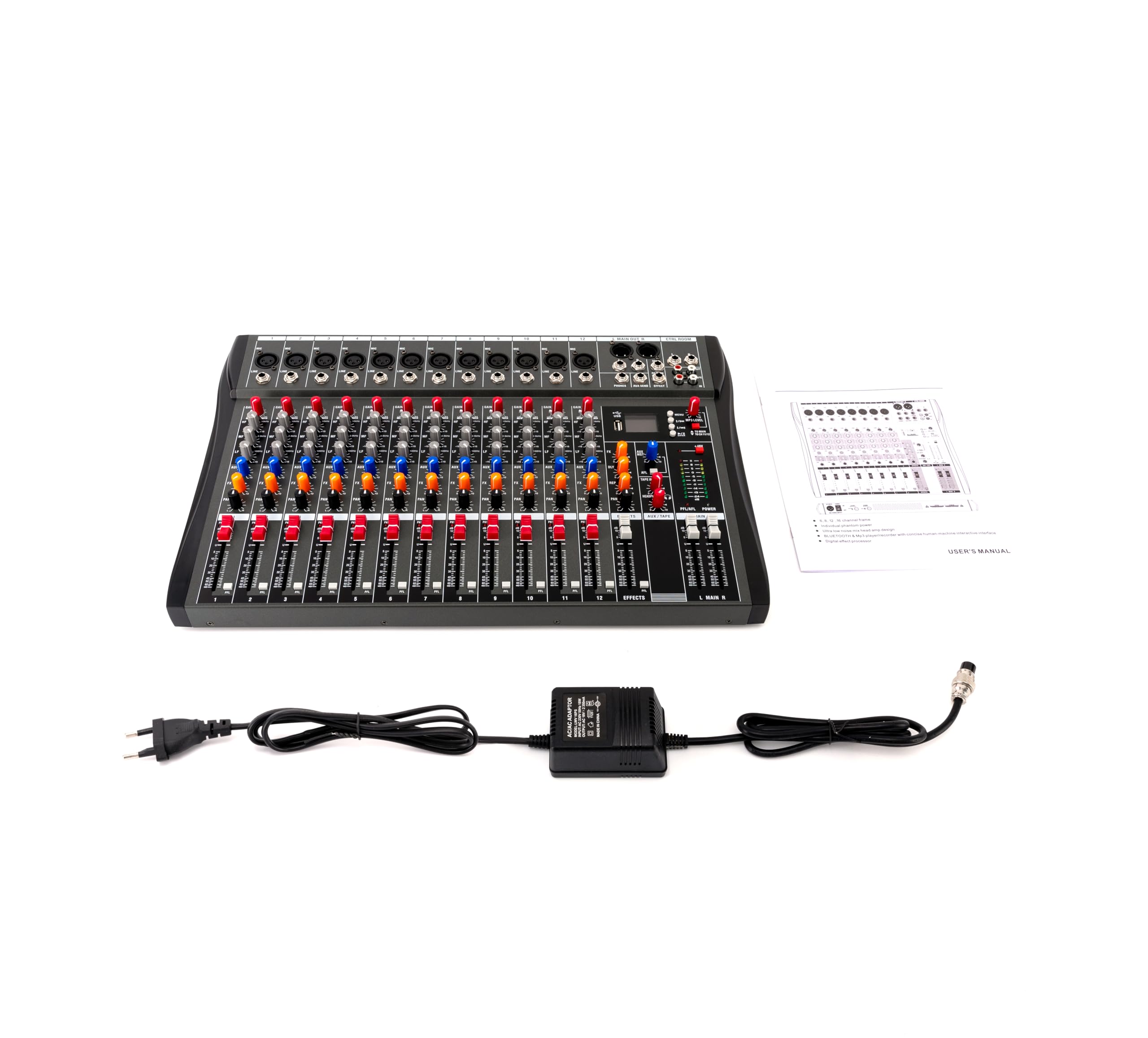 Mikser 12-kanałowy, mikser na żywo, wzmacniacz mikrofonu, 12-kanałowy mikser DJ, kontroler z wejściem USB Bluetooth, efekty cyfrowe, zasilanie fantomowe 48 V, do studia nagrań DJ Stage, karaoke
