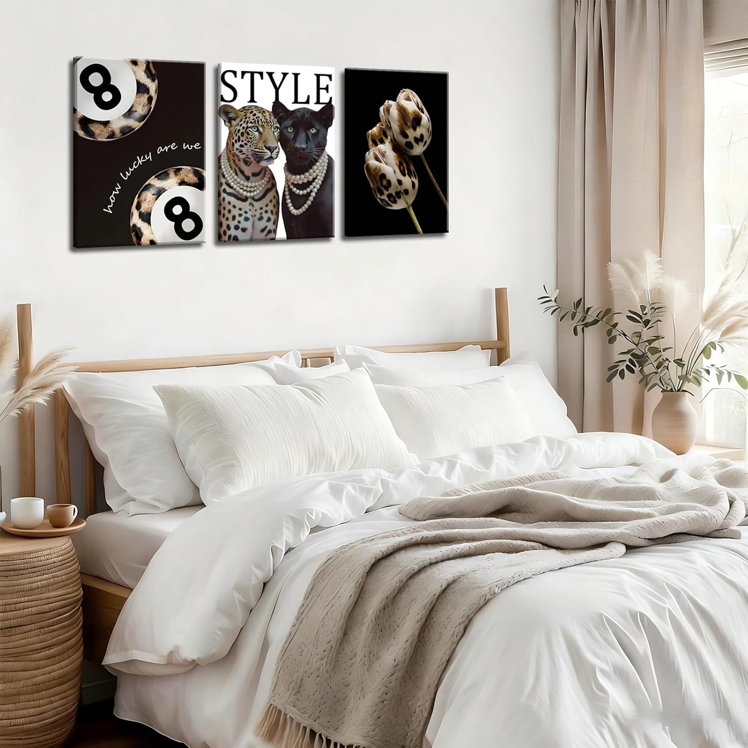 3Pcs Fashion Cheetah Canvas Wall Art Black and White Lucky 8 Ball Pictures Wall Decor Trendy Leopard Floral Aesthetic Posters Prints for Bedroom Apartment Dorm 12x16in