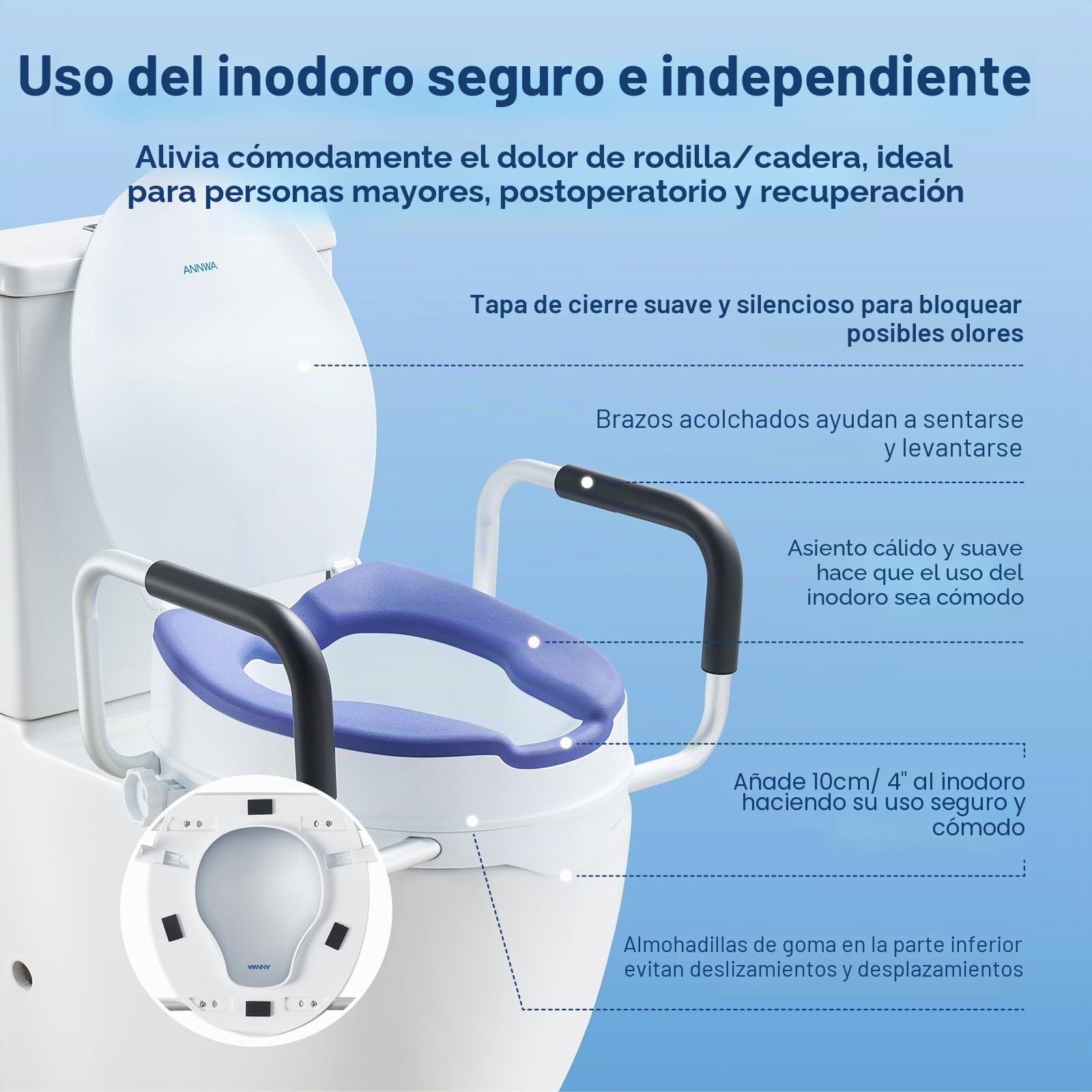 Elevador WC Adulto con Reposabrazos Acolchados, Altura 10 cm, Adaptador WC Adultos con Alta Capacidad hasta 190 kg, Compatible con Inodoros en Forma O y U, para Personas Mayores y Postoperatorio