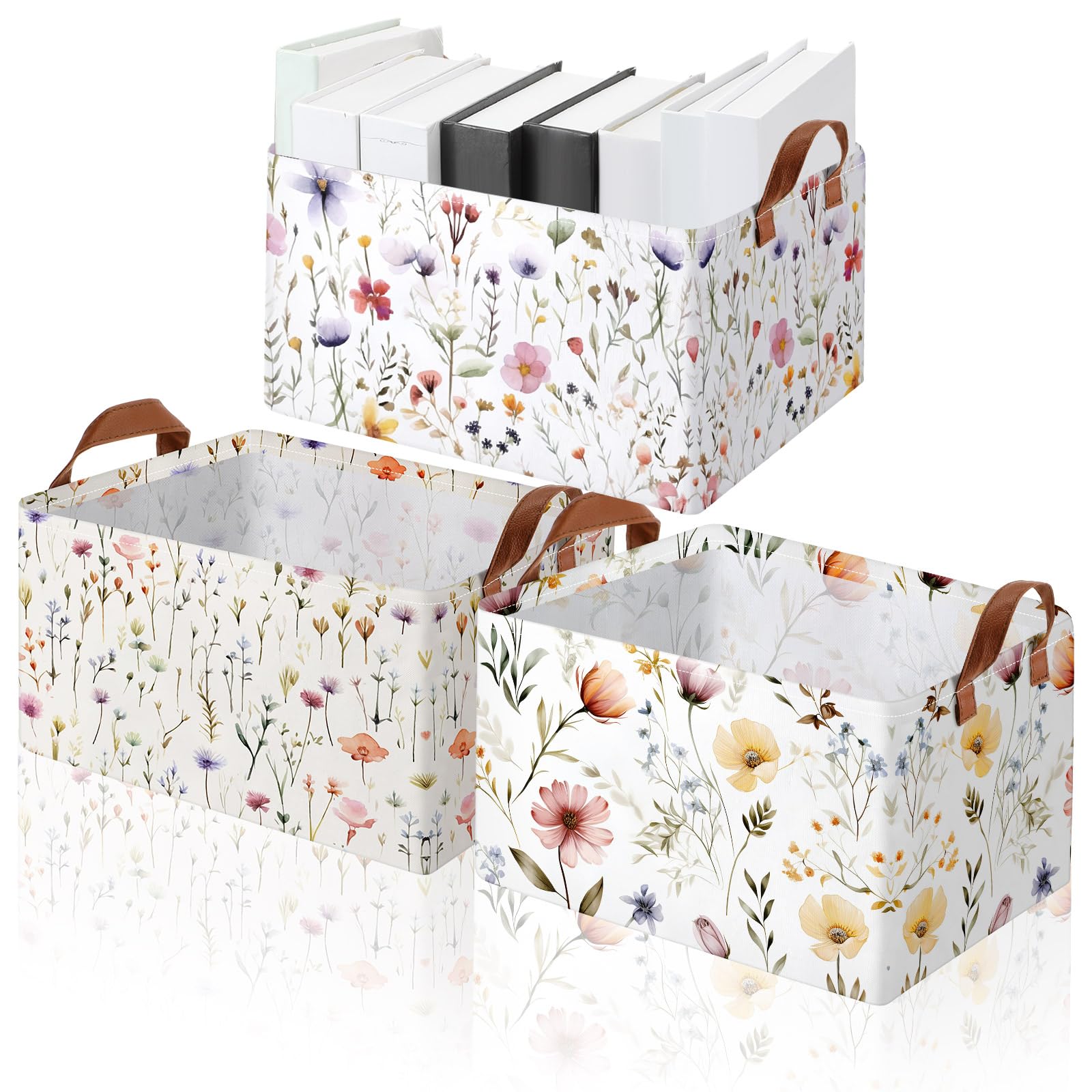 Boao 3 Pcs Wildflowers Storage Bin Wildflowers Collapsible Large Storage Baskets for Gifts Canvas Laundry Basket Foldable Box with Handle for Office