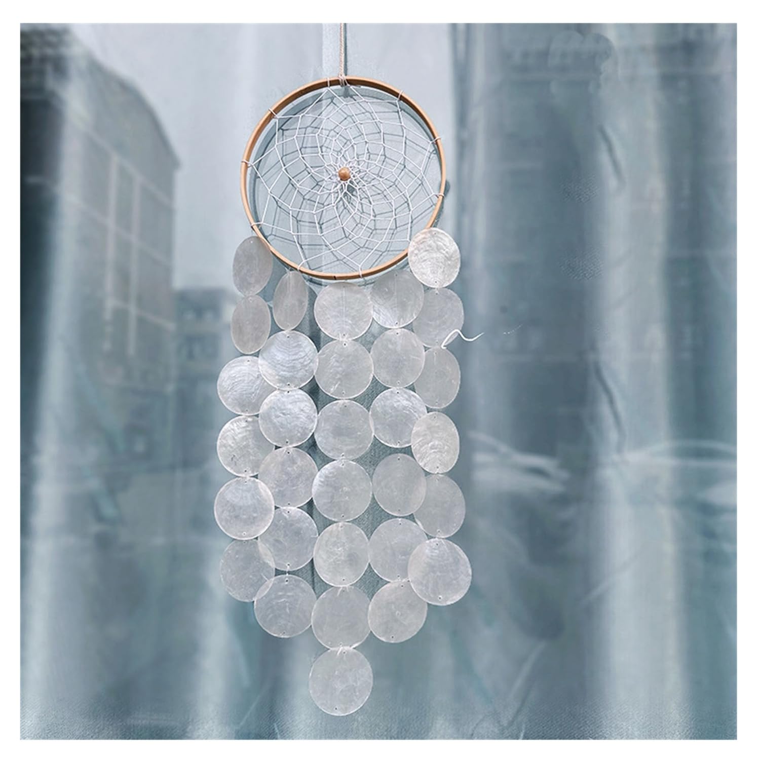 Rockreyoa Dream Catcher Wind Chime White Capiz Shell Wind Chimes Hanging Ornaments with Round Ring Natural Mother of Pearl Bowl Wind Bell Garland Window Decoration for Garden Home Decoration