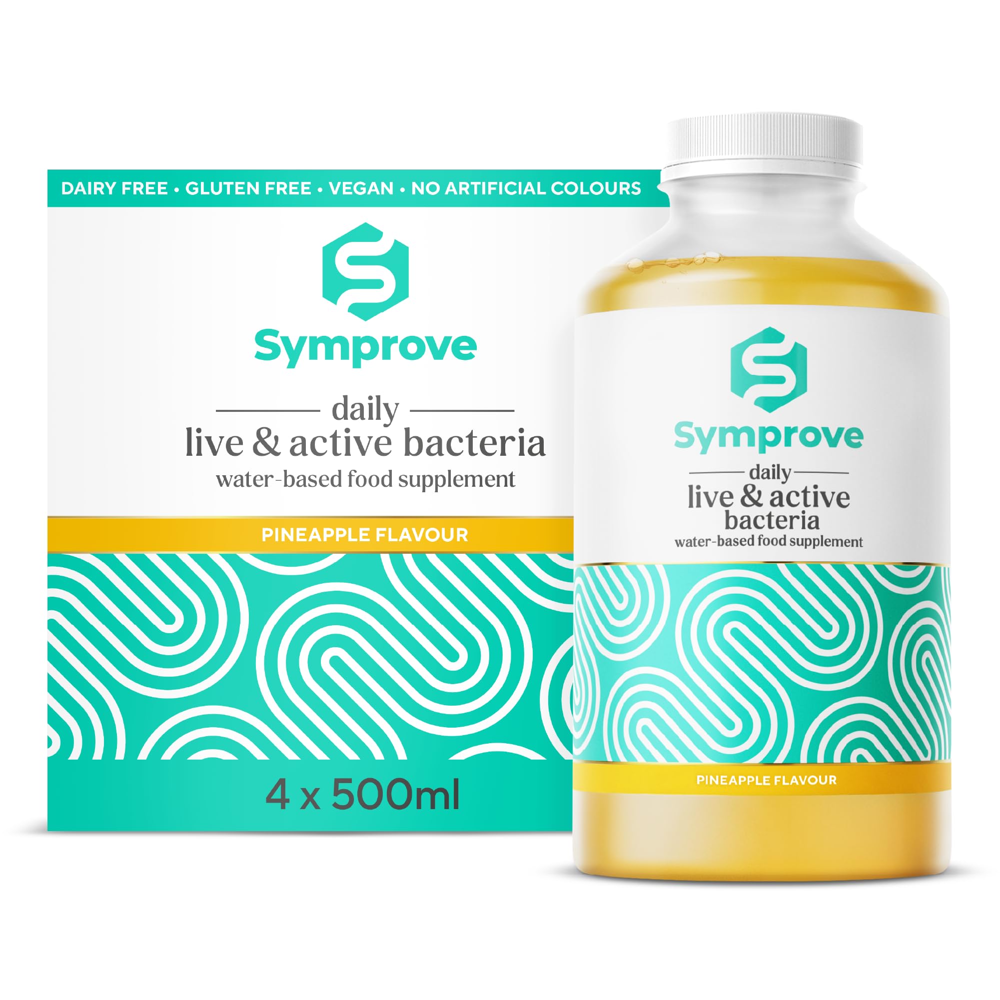 Symprove Suplemento de salud intestinal de piña, 4 bebidas probióticas de 500 ml con bacterias vivas y activas, vegano, sin lácteos, fórmula a base de agua, apoyo digestivo diario