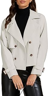 luvamia Cropped Trench Coat for Women Long Sleeve Double Breasted Notched Lapel Casual Loose Fit Jackets with Pockets