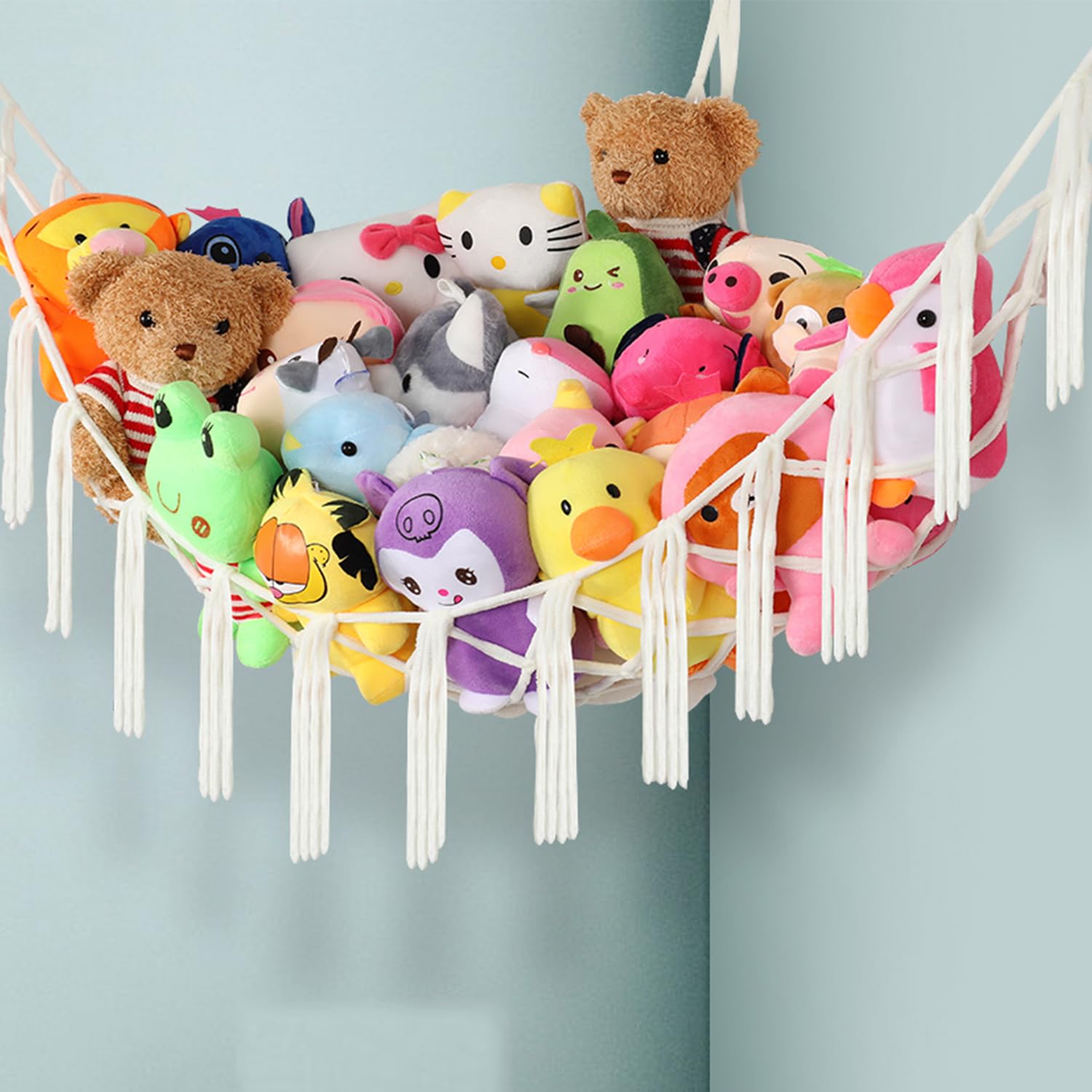 Stuffed Animal Storage Large Stuffed Animal Net or Hammock Macrame Net for Stuffed Animals Corner Hanging stuffed animal storage ideas for Nursery Kids Boho Room, Cream（40“x 40”x 60”）