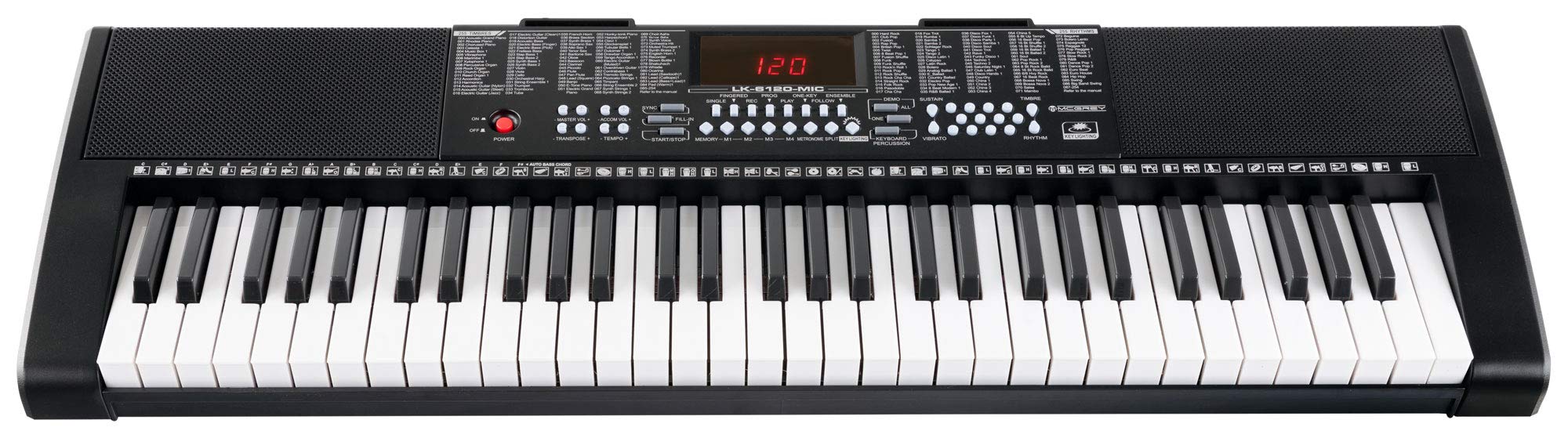 McGrey LK-6120-MIC Leuchttasten-Keyboard mit Mikrofon Schwarz, 255 Sounds | Einsteiger-Keyboard mit 61 Leuchttasten, 255 Begleitrhythmen, 50 Demo-Songs inkl. "One Key" & "Follow" Funktion