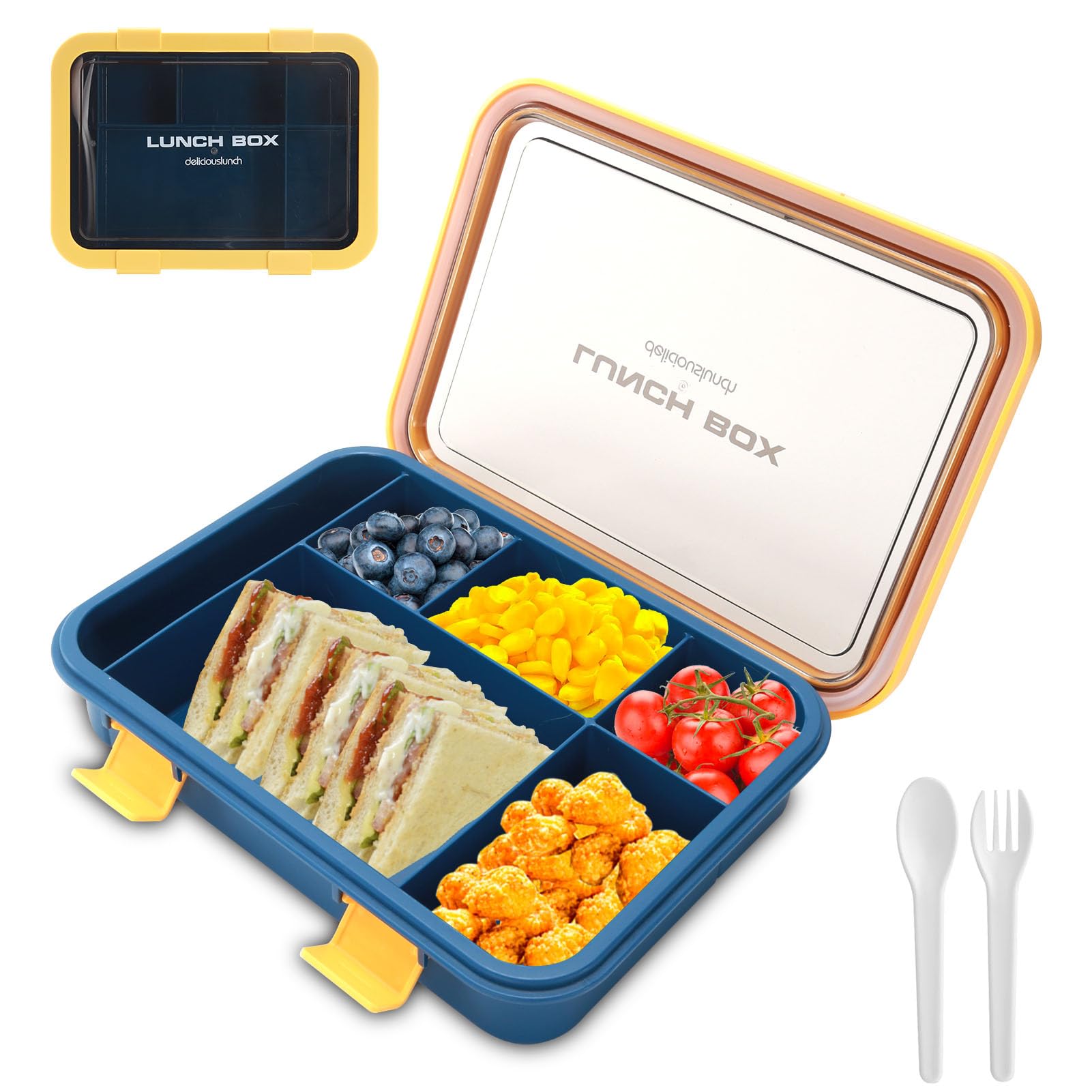 SEPSCO Porta Pranzo, Lunch Box con Posate e 6 Scomparti 1500ml Bambino Bento Box Portapranzo Microonde Schiscetta Contenitore Portatile Prova di Perdite Ermetico per Adulti Ufficio Scuola Picnic