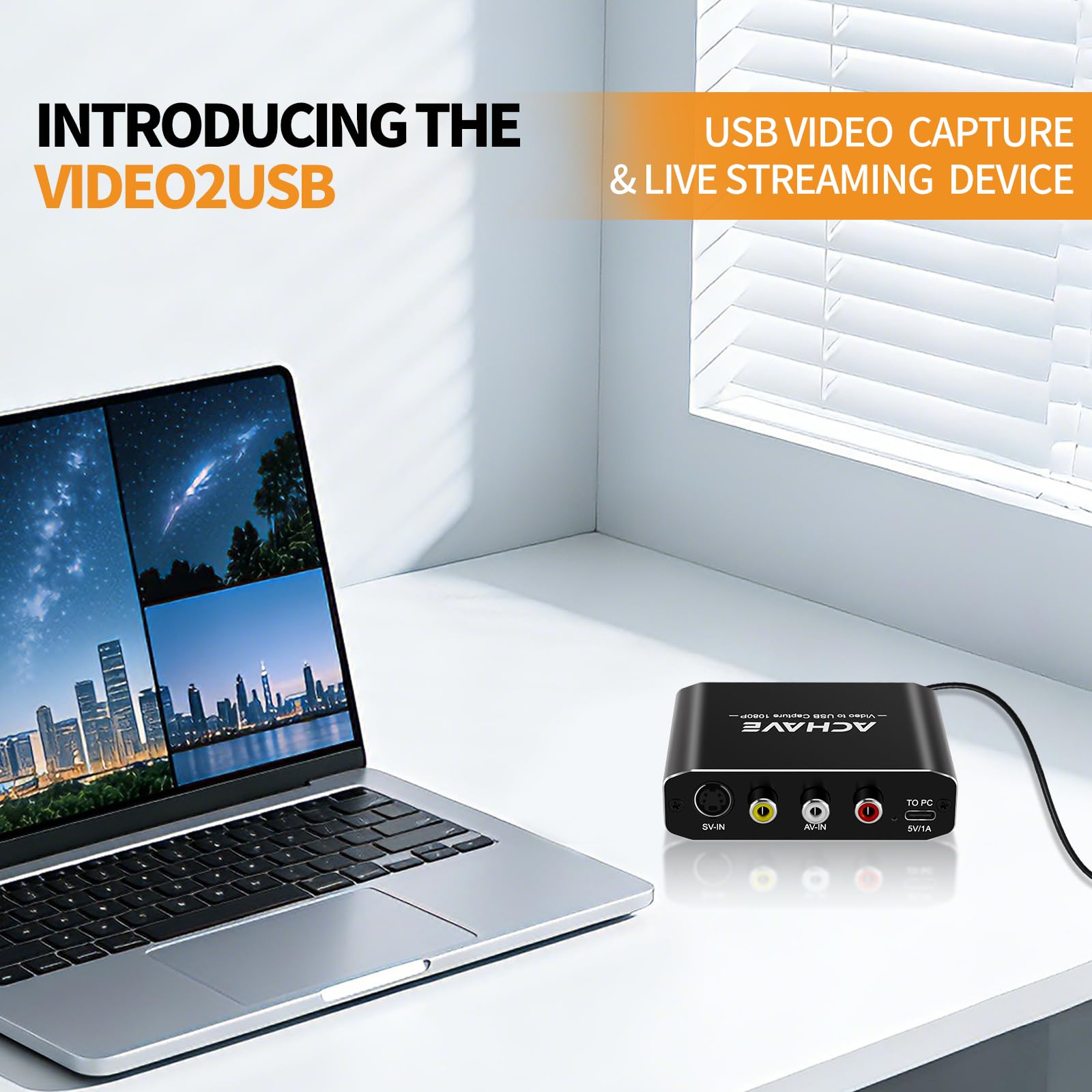 ACHAVE Video-auf-USB-Audio-Videoaufnahme- und Live-Streaming-Gerät mit HDMI-Ausgang – Eingang HDMI, AV, RCA, S-Video, VCR, VHS, Camcorder, Video8, Hi8, DVD, Gaming-Systeme – USB-C Plug & Play