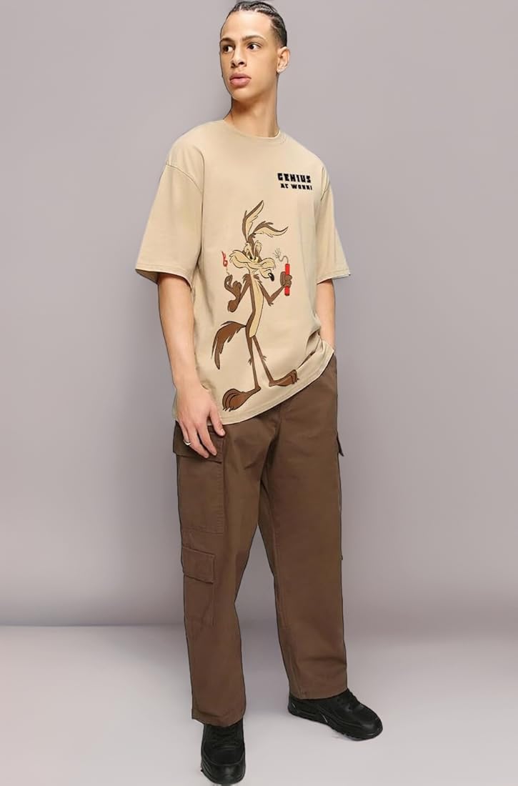 Buy crazymonk Genius at Work Oversized T-Shirt - Beige, S at Amazon.in