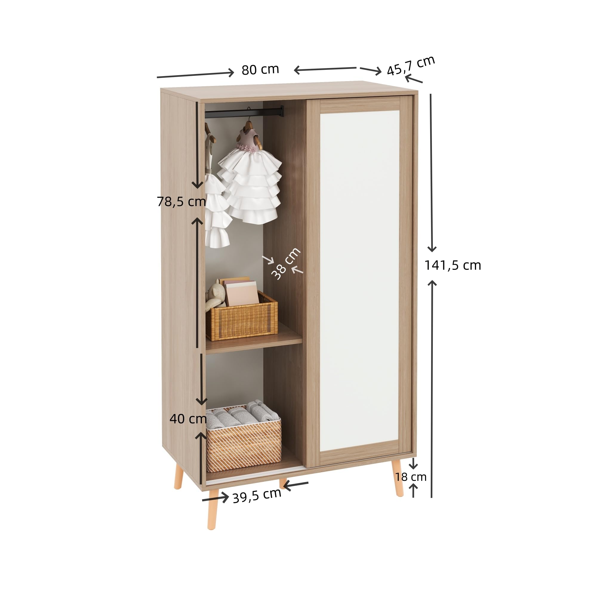 Soweiz Appendiabiti per bambini con porta scorrevole, bianco + legno naturale, 141,5 cm