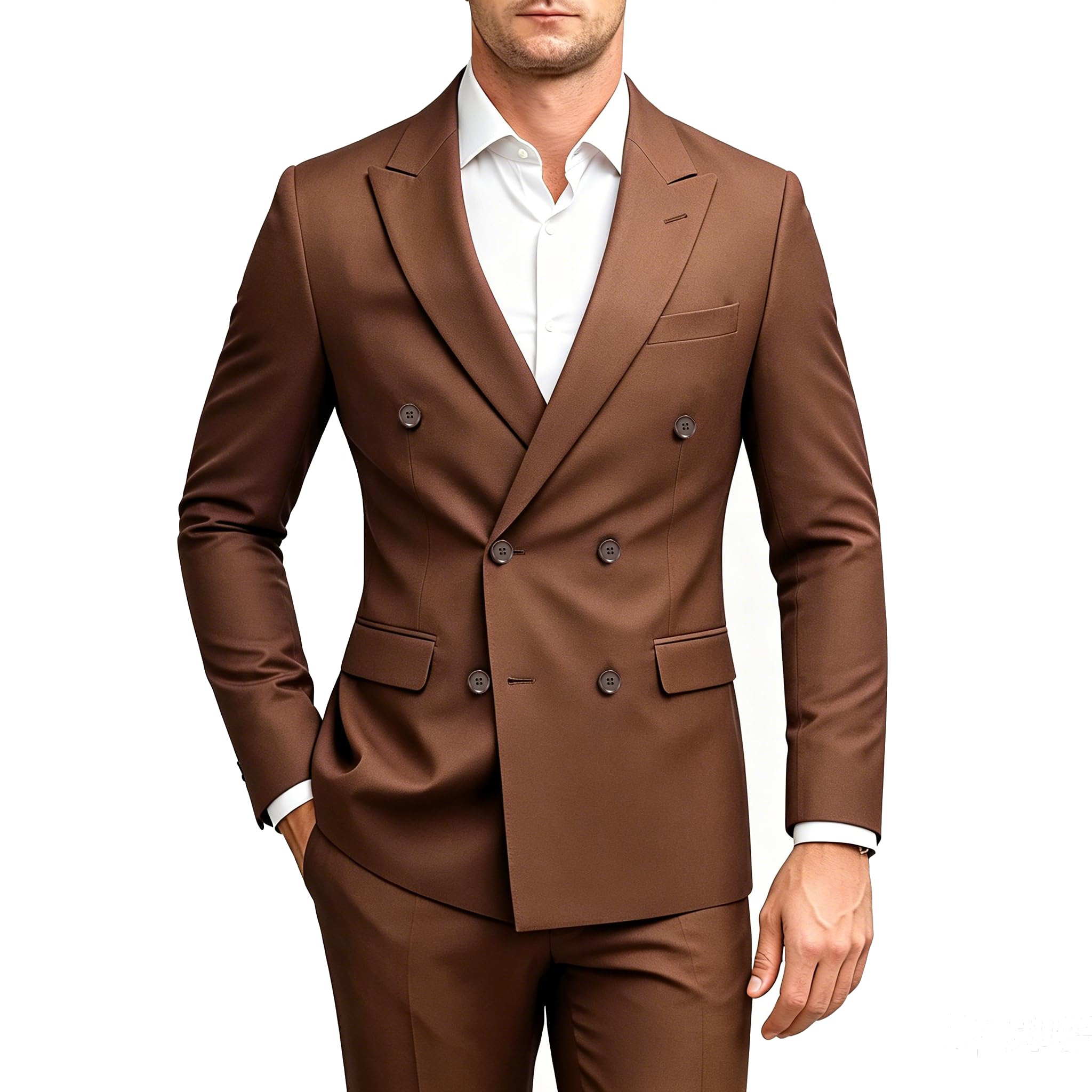 MOGU Mens 2 Piece Double Breasted Suit Slim Fit Tuxedo Blazer and Pants for Wedding Prom Homecoming, Coffee, 34