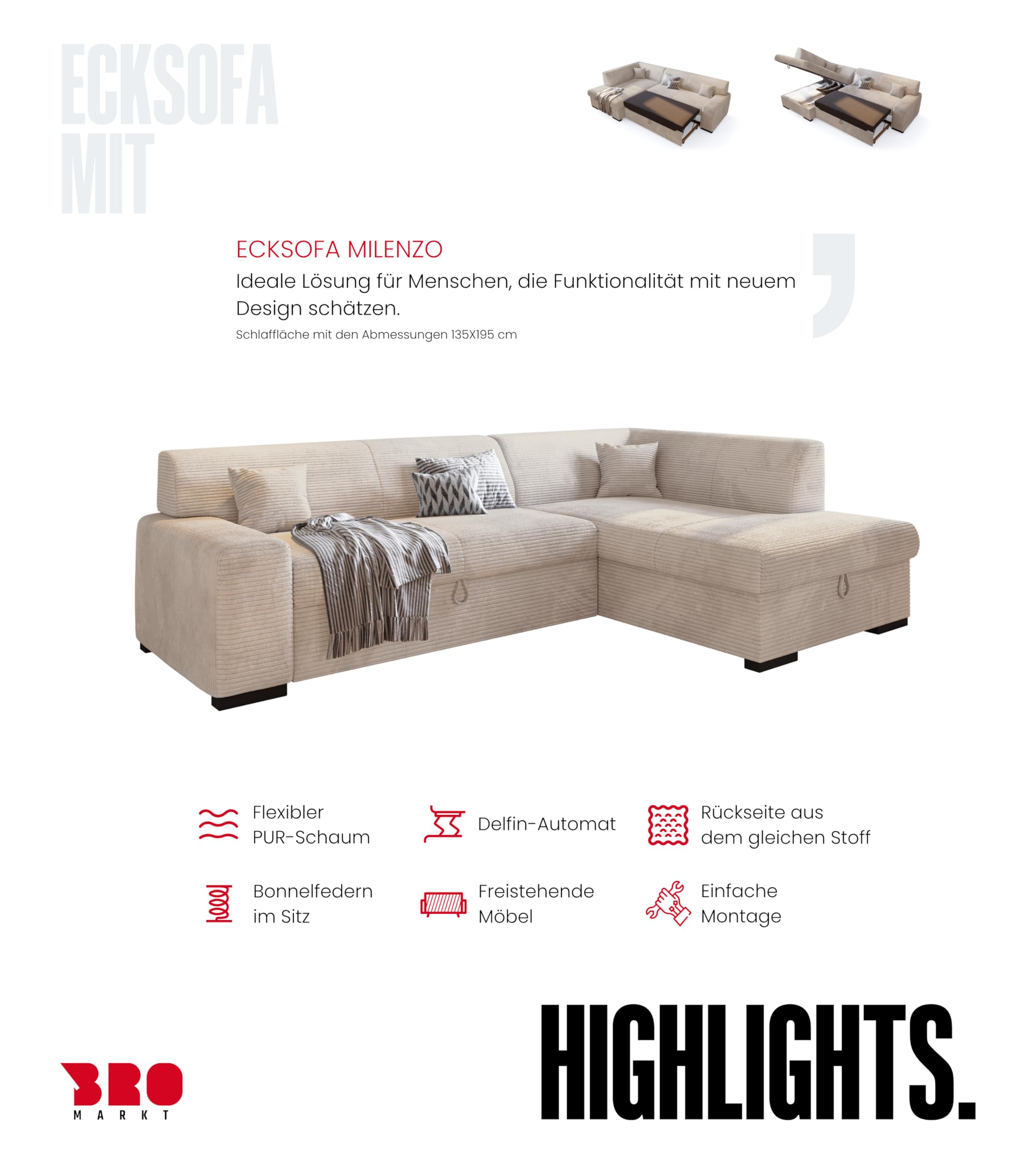 BROMARKT Ecksofa mit Schlaffunktion 260 cm L Form Vanille Rechts Seite Couch Sofa mit Bettkasten Schlafcouch Schalsofa 3 sitzer Eckcouch Sofabett Wohnlandschaft Cordstoff