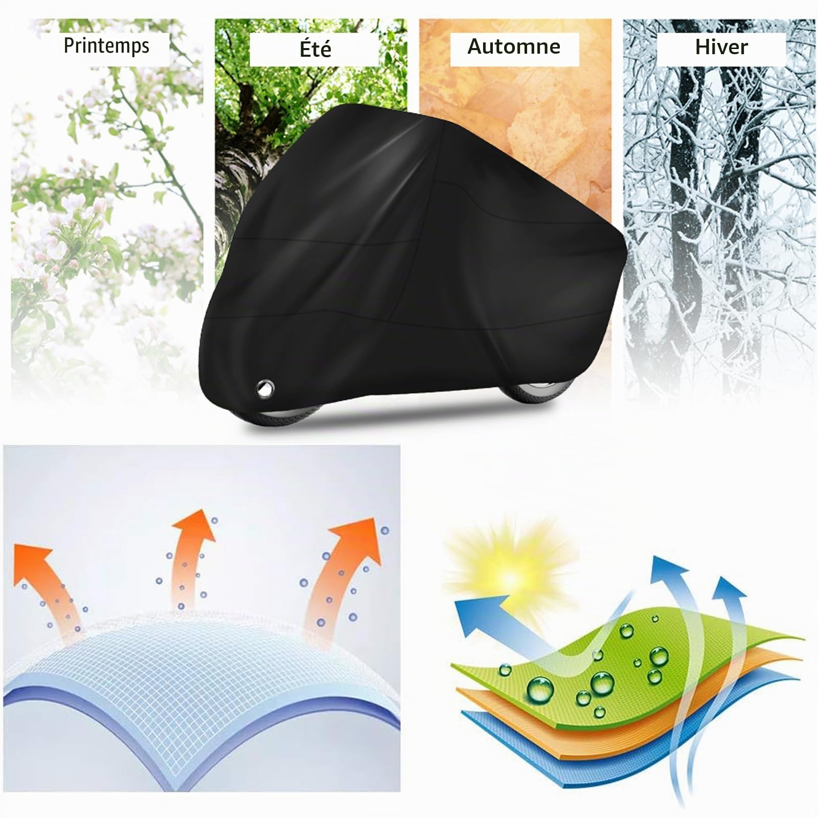 Bâche De Protection Moto Imperméable,Housse Moto Exterieur 200 X 70 X110CM,Housse De Moto en Polyester Bache Etanche Hiver Eté 210D Oxford XXL avec Trou De Serrur De Noir MotoCover