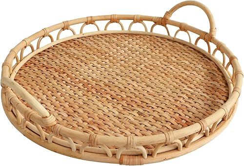 Miniatura 3 de Eden Grace Juego de 3 bandejas redondas de ratán tejidas a mano con diseño ondulado y asas, bandeja de té, cesta de frutas para mesa de café y
